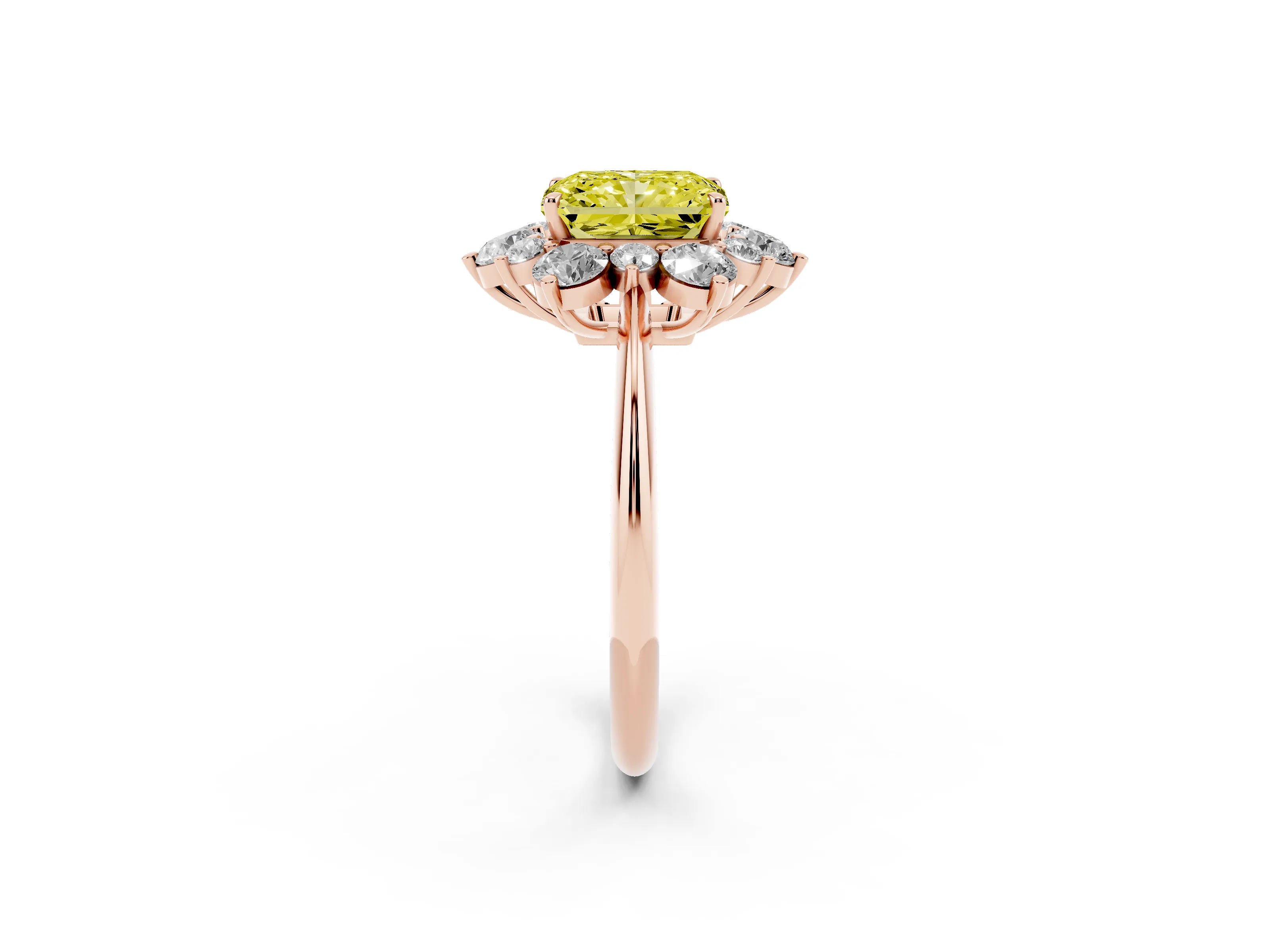 Fancy Yellow Radiant Cut Diamond Cluster Halo Ring Set in Rose gold with Solitaire Band and Prong Setting
