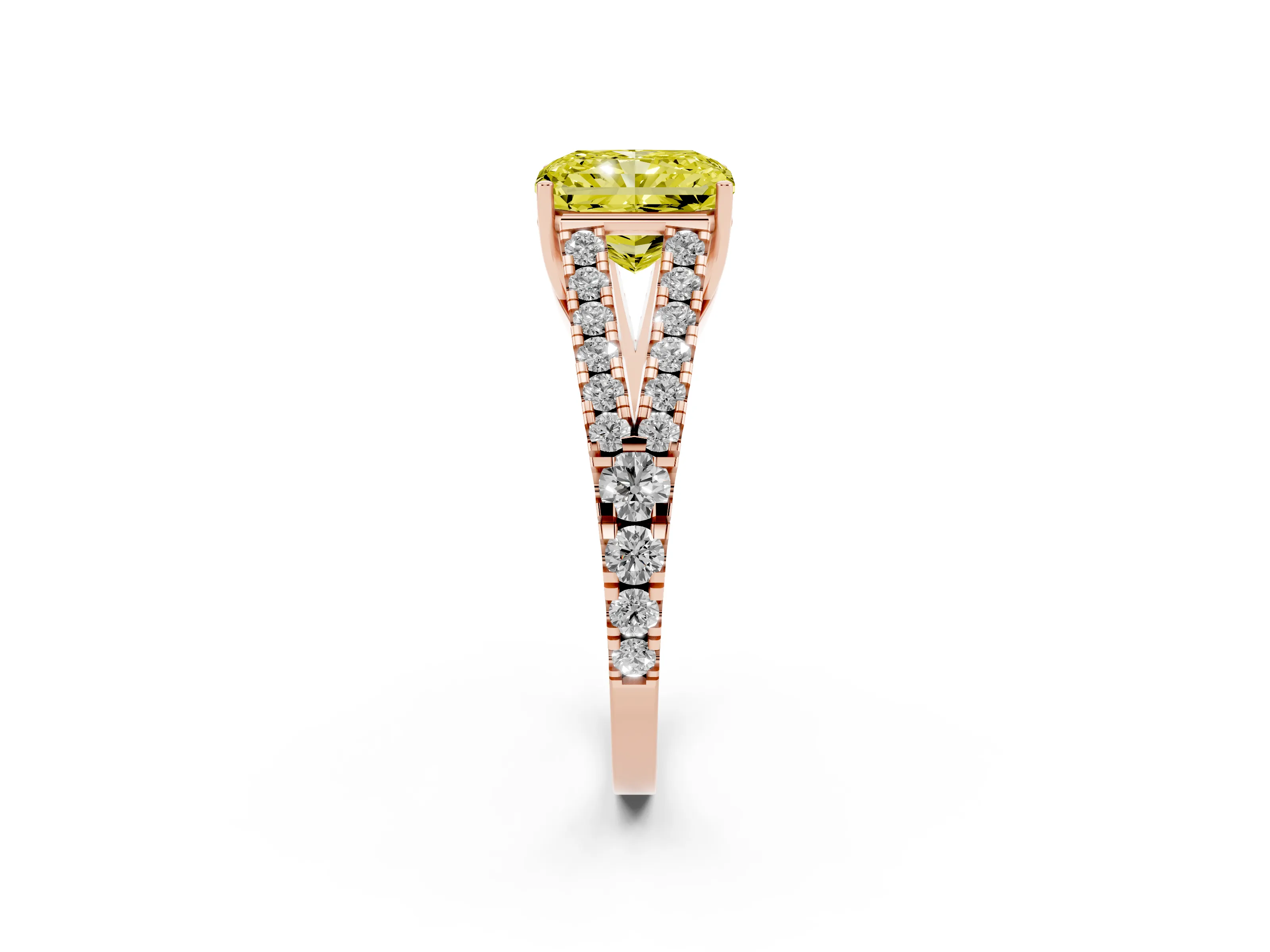Fancy Yellow Radiant Cut Diamond Split Shank Pavé Engagement Ring Set in Rose gold with Prong-Held Center Stone