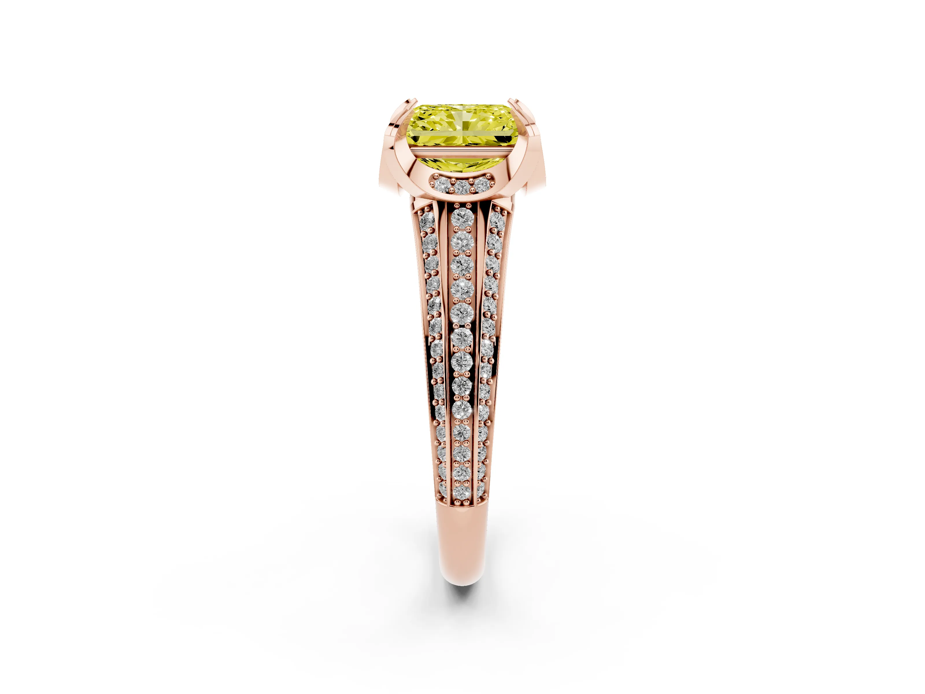 Fancy Yellow Radiant Cut Diamond Pavé Split Shank Solitaire Ring Set in Rose gold with Prong Setting