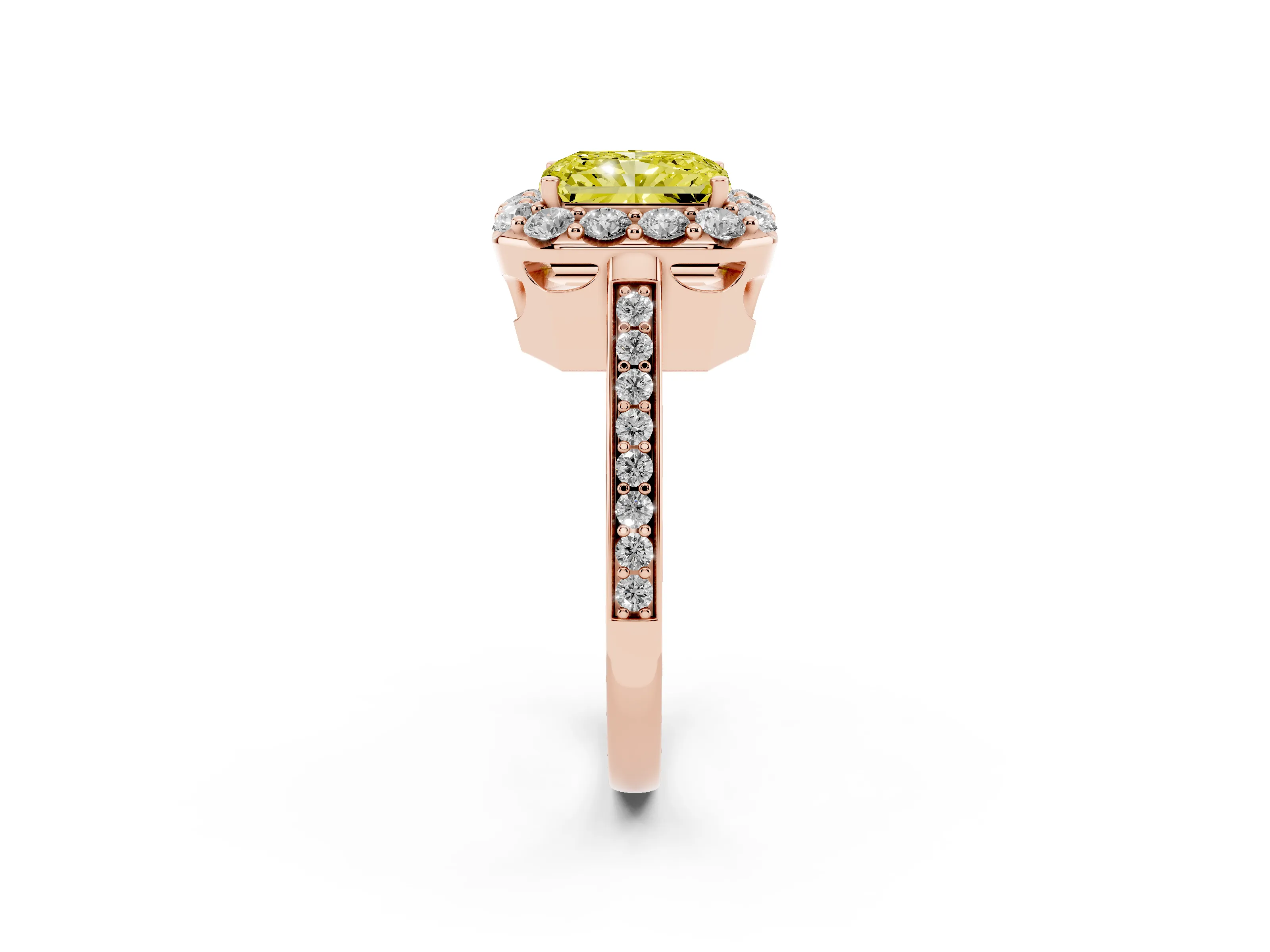 Fancy Yellow Radiant Cut Diamond Floral Halo Ring Set in Rose gold with Pavé Band and Prong Setting