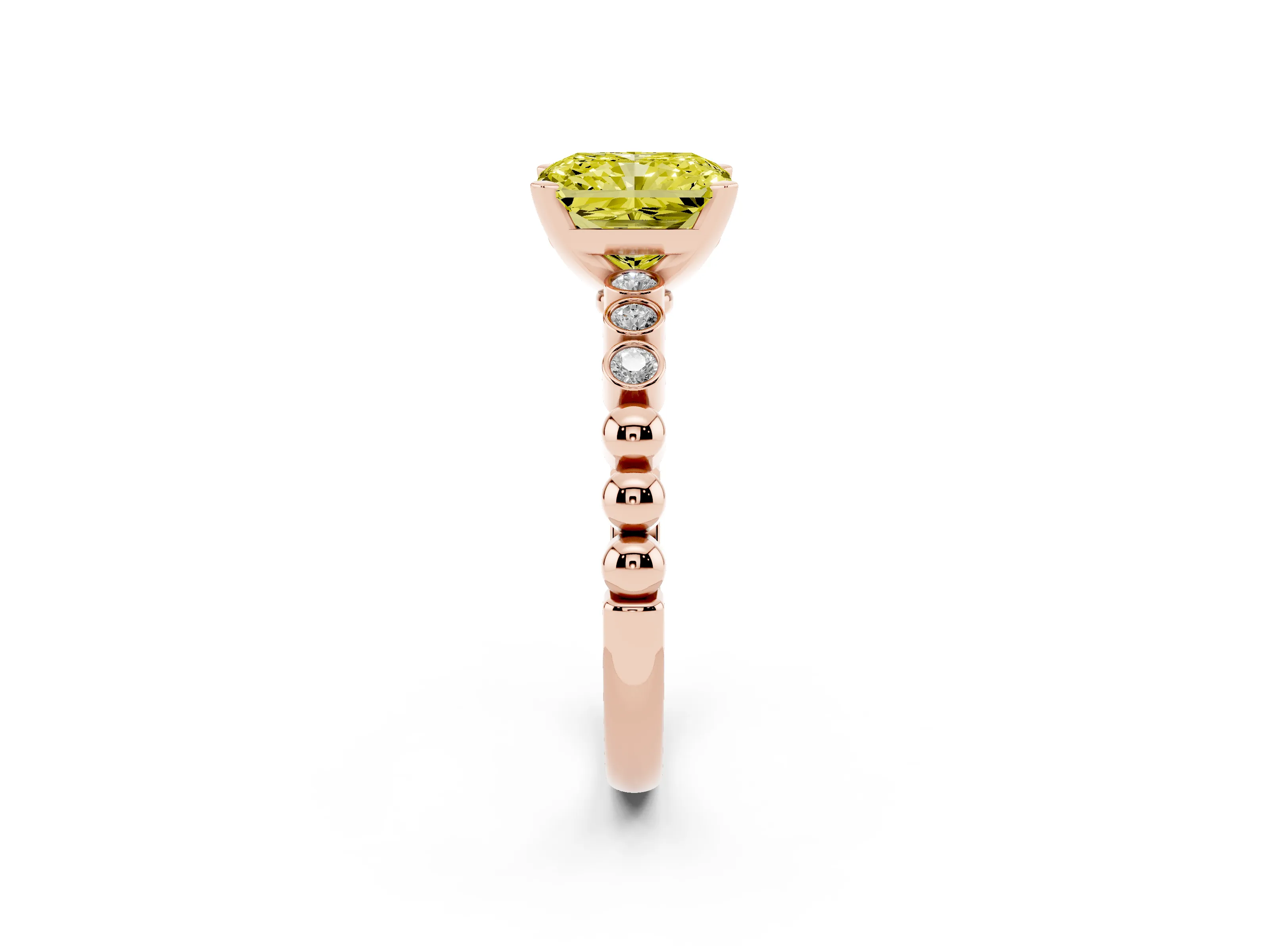 Fancy Yellow Radiant Cut Diamond Solitaire Engagement Ring Set in Rose gold with Bezel Accents on Beaded Band