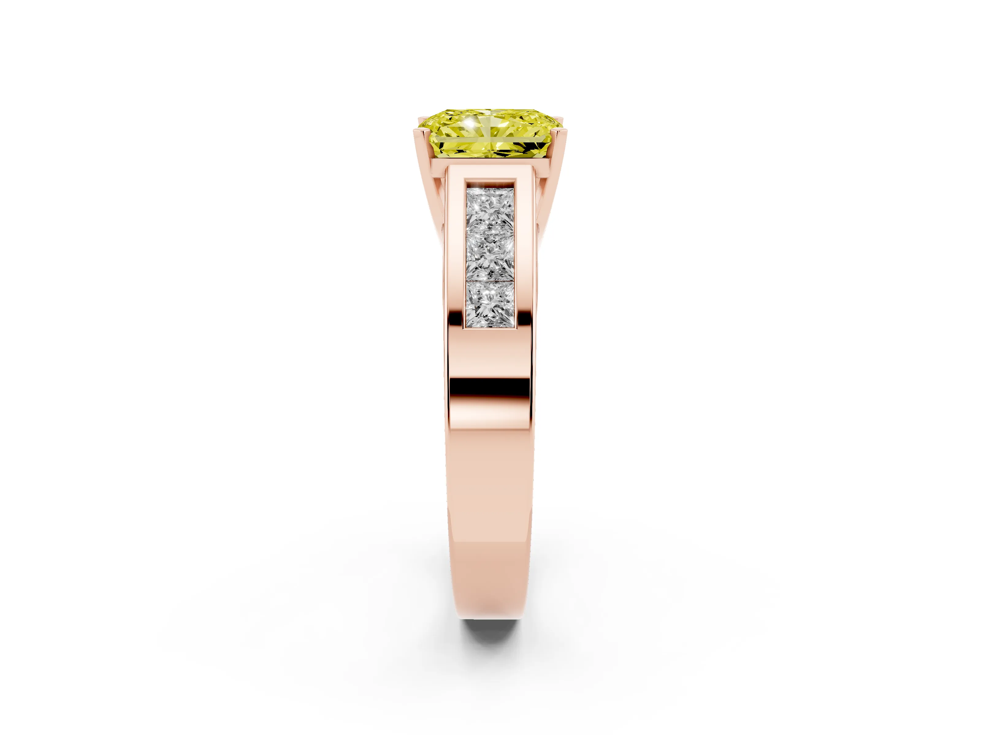 Fancy Yellow Radiant Cut Diamond Solitaire Ring Set in Rose gold with Channel-Set Accent Stones and Prong Setting