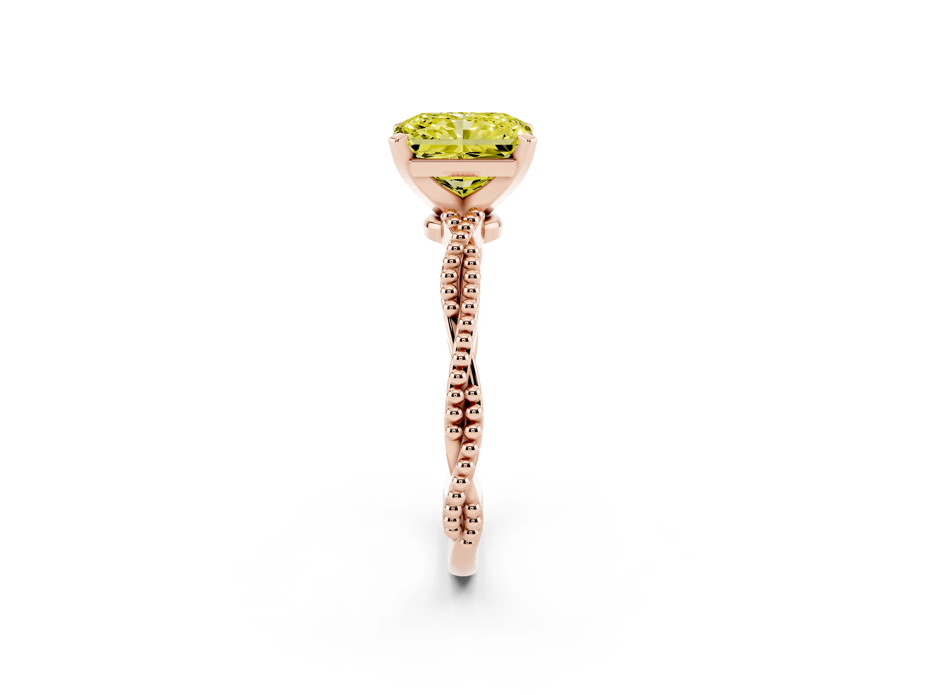 Fancy Yellow Radiant Cut Diamond Solitaire Ring Set in Rose gold with Twisted Band and Bead Prong Setting