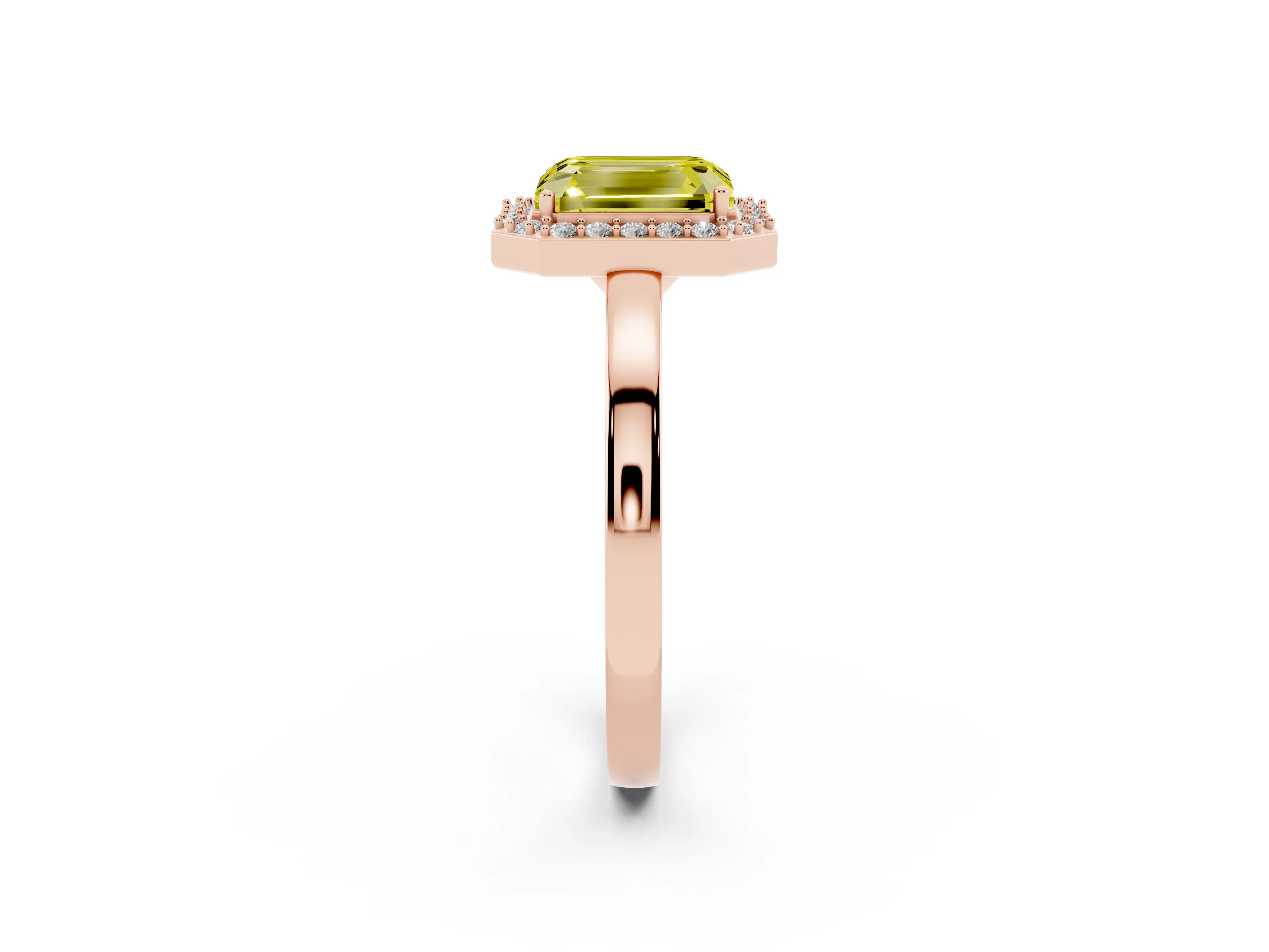 Fancy Yellow Radiant Cut Diamond Halo Ring Set in Rose gold with Solitaire Band and Prong Setting