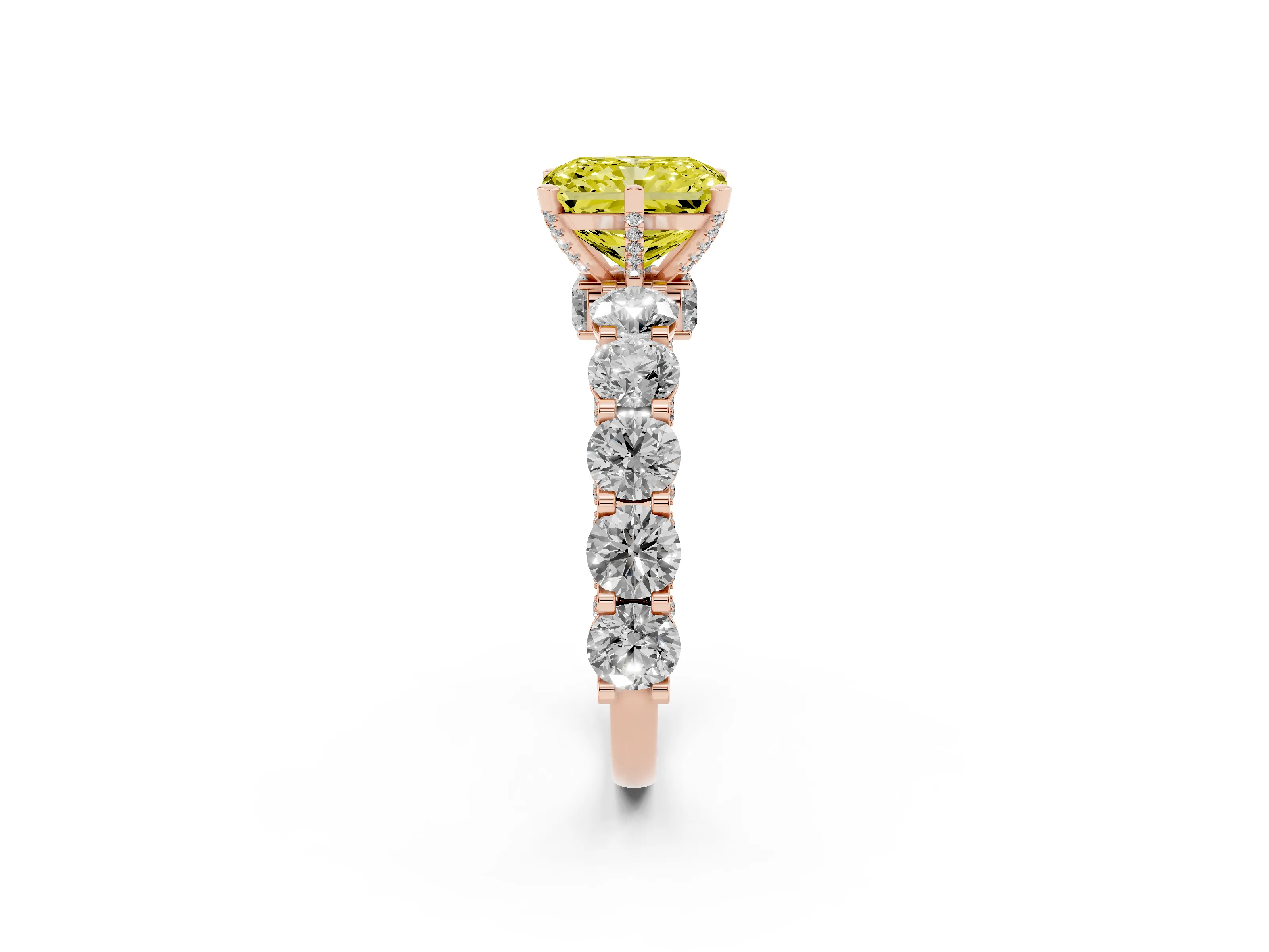 Fancy Yellow Radiant Cut Diamond Side Stone Ring Set in Rose gold with Alternating Round and Oval Side Stones