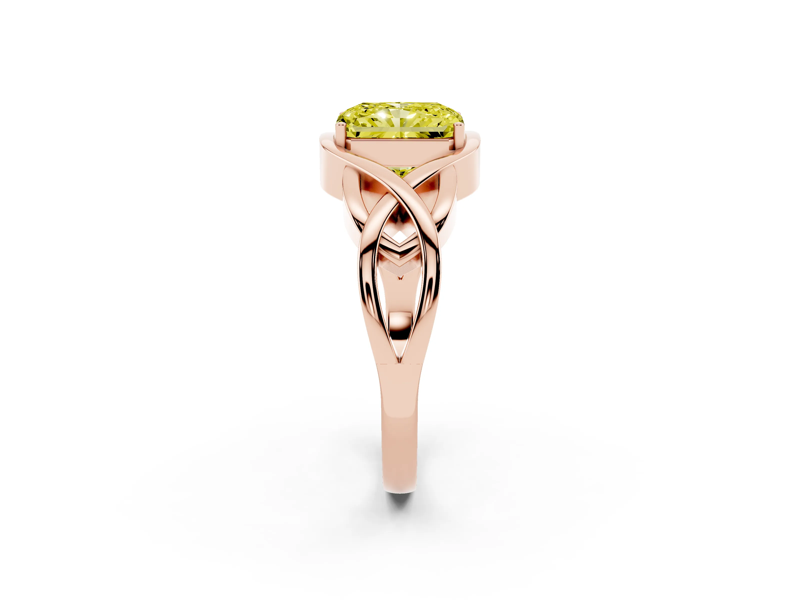 Fancy Yellow Radiant Cut Diamond Solitaire Ring Set in Rose gold with Intertwined Band