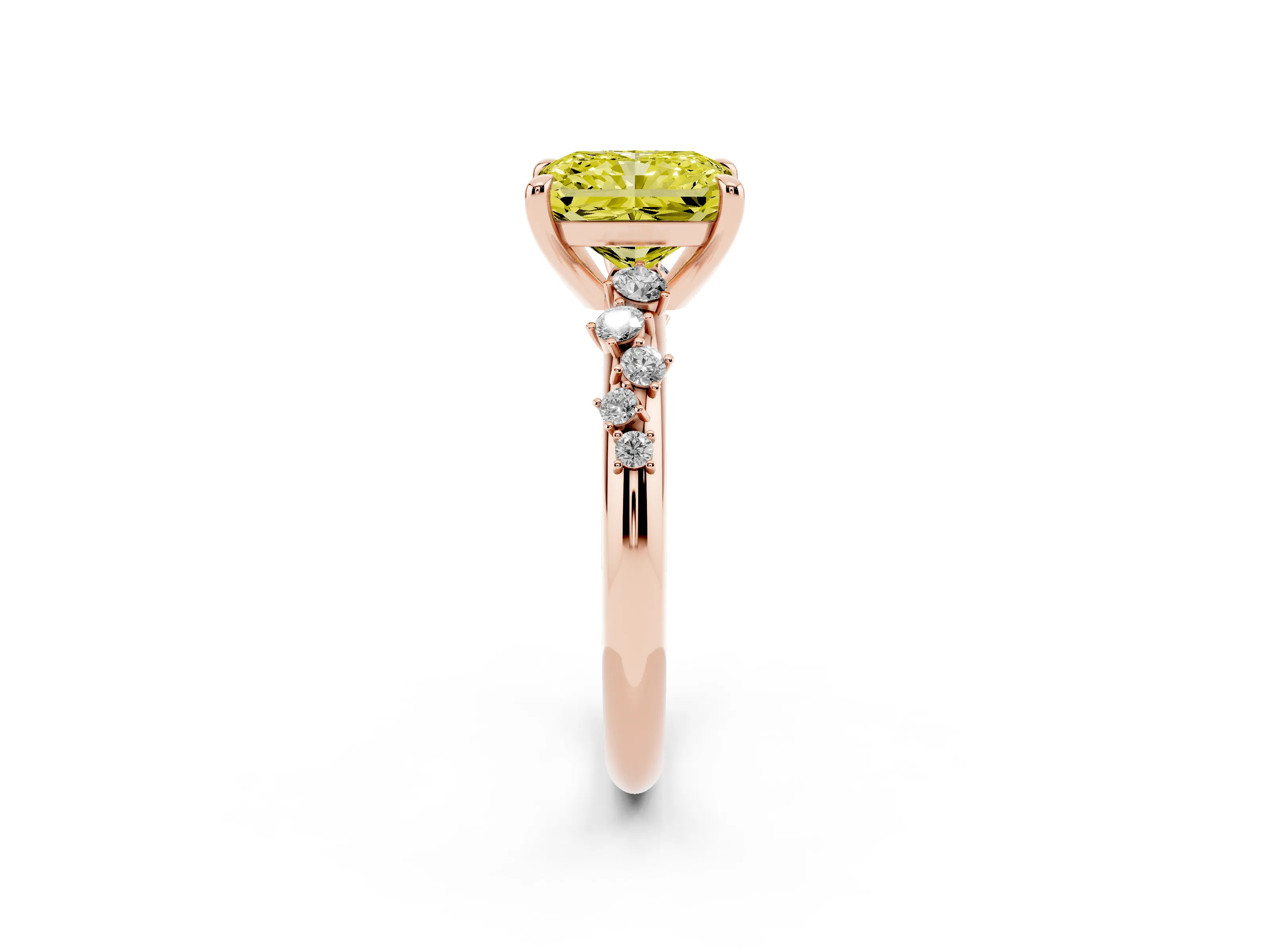 Fancy Yellow Radiant Cut Diamond Solitaire Vine Band Ring Set in Rose gold with Round Accents and Prong Setting