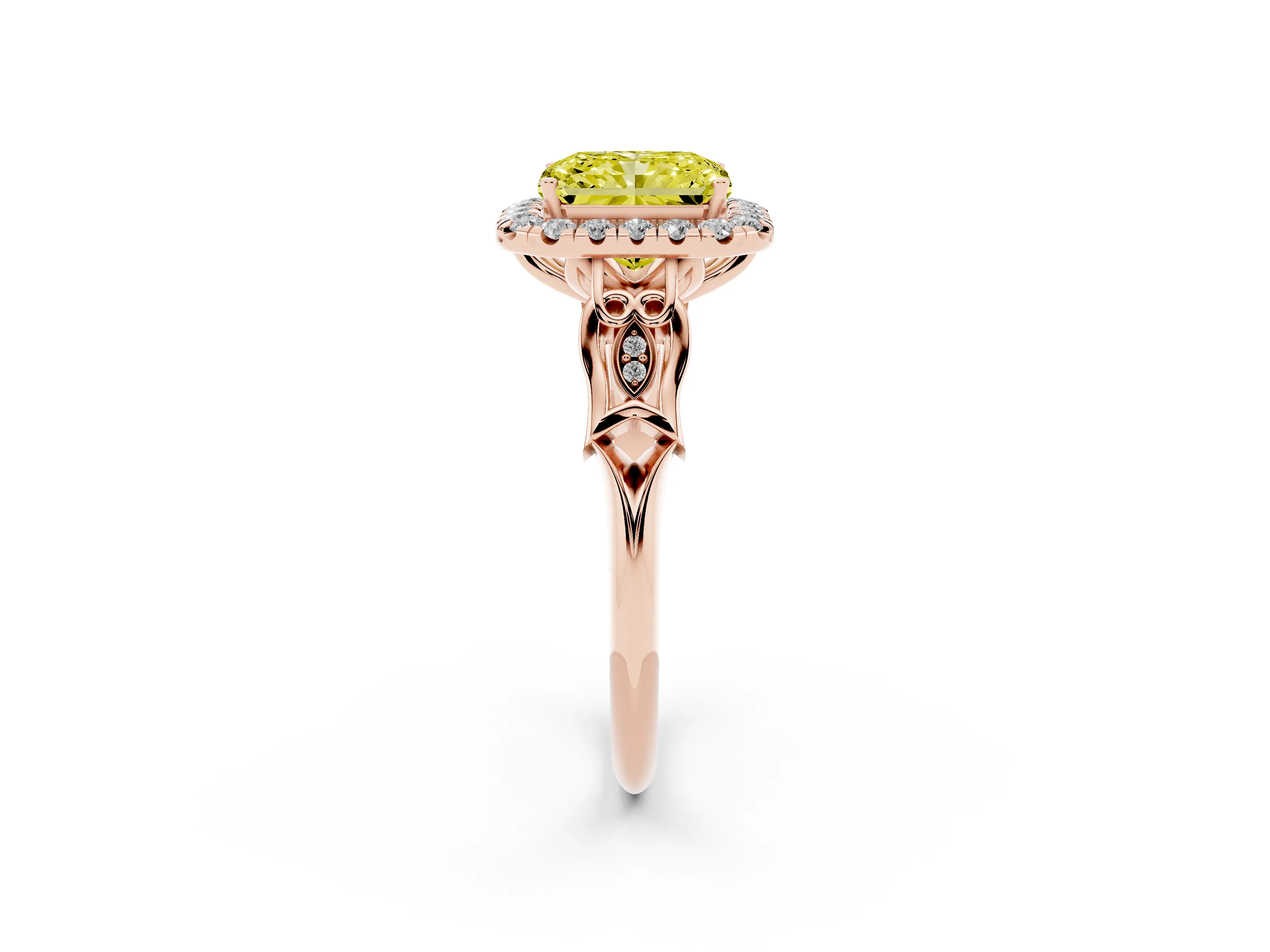 Fancy Yellow Radiant Cut Diamond Halo Engagement Ring Set in Rose gold with Filigree Band and Prong-Set Center