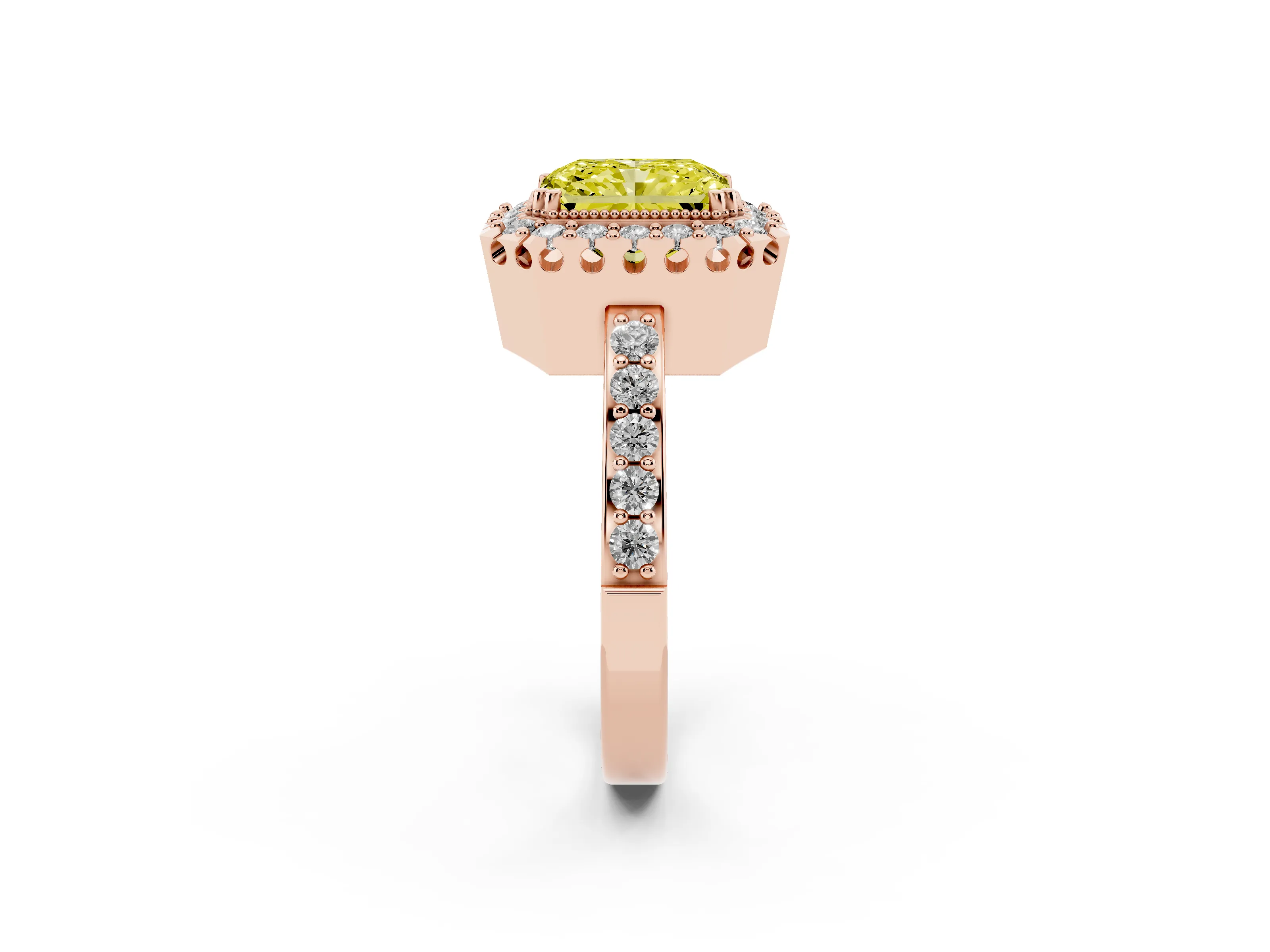 Fancy Yellow Radiant Cut Diamond Halo Ring Set in Rose gold with Pavé Shank and Prong Setting