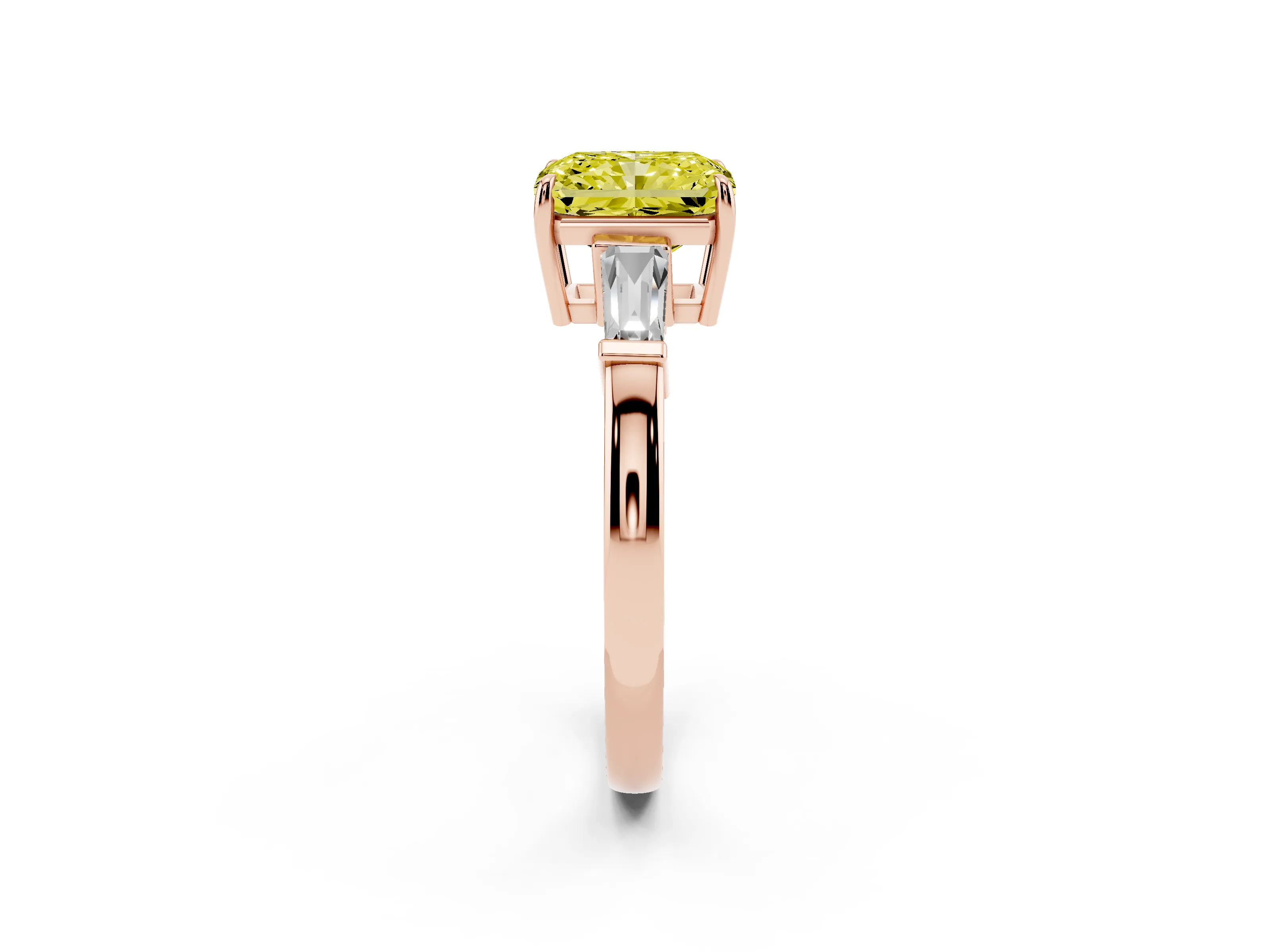 Fancy Yellow Radiant Cut Diamond Three-Stone Ring Set in Rose gold with Tapered Baguette Side Stones and Prong Setting
