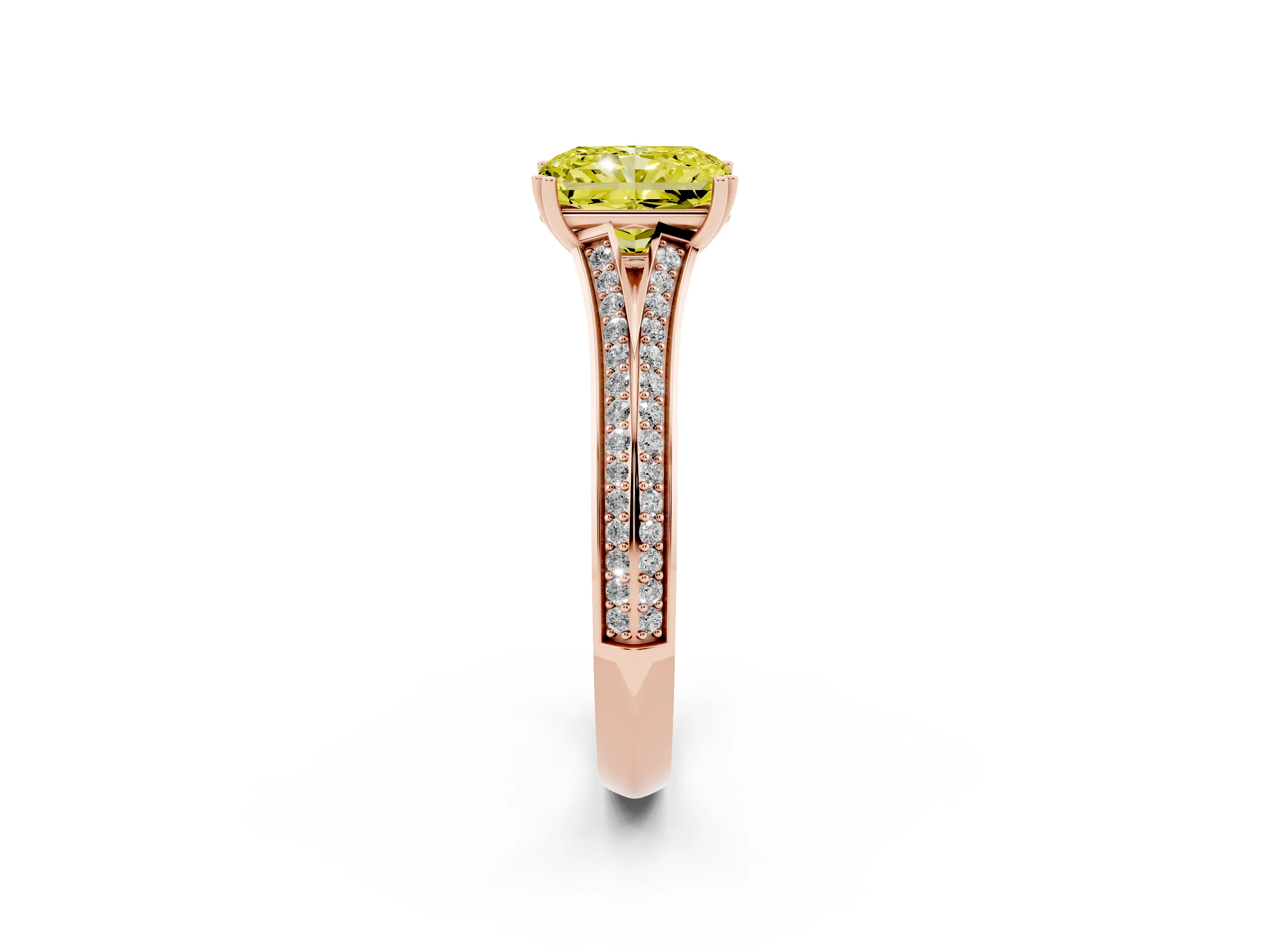 Fancy Yellow Radiant Cut Diamond Split Shank Pavé Engagement Ring Set in Rose gold with Prong-Set Center Stone