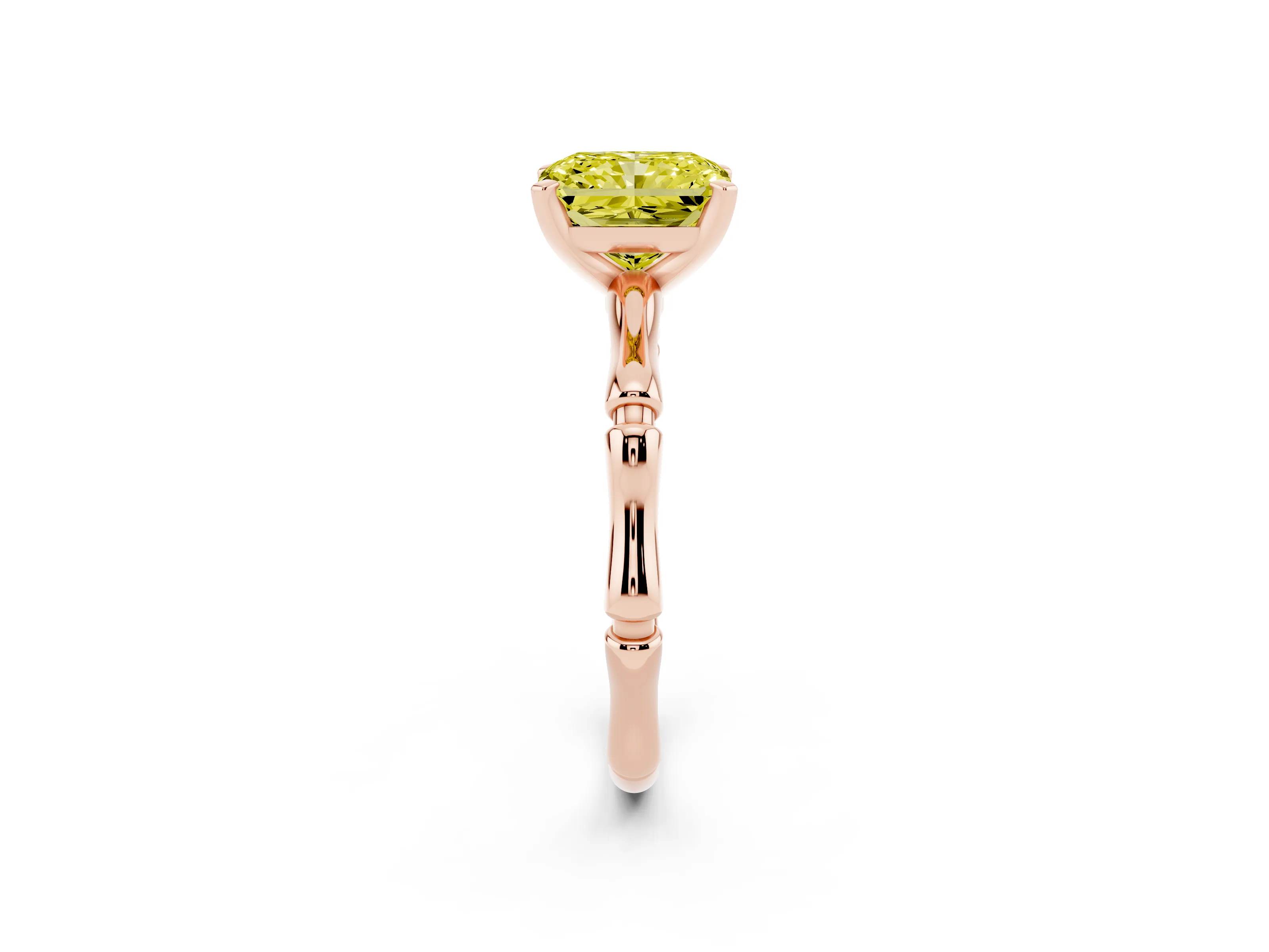 Fancy Yellow Radiant Cut Diamond Solitaire Ring Set in Rose gold with Bamboo Band and Prong Setting