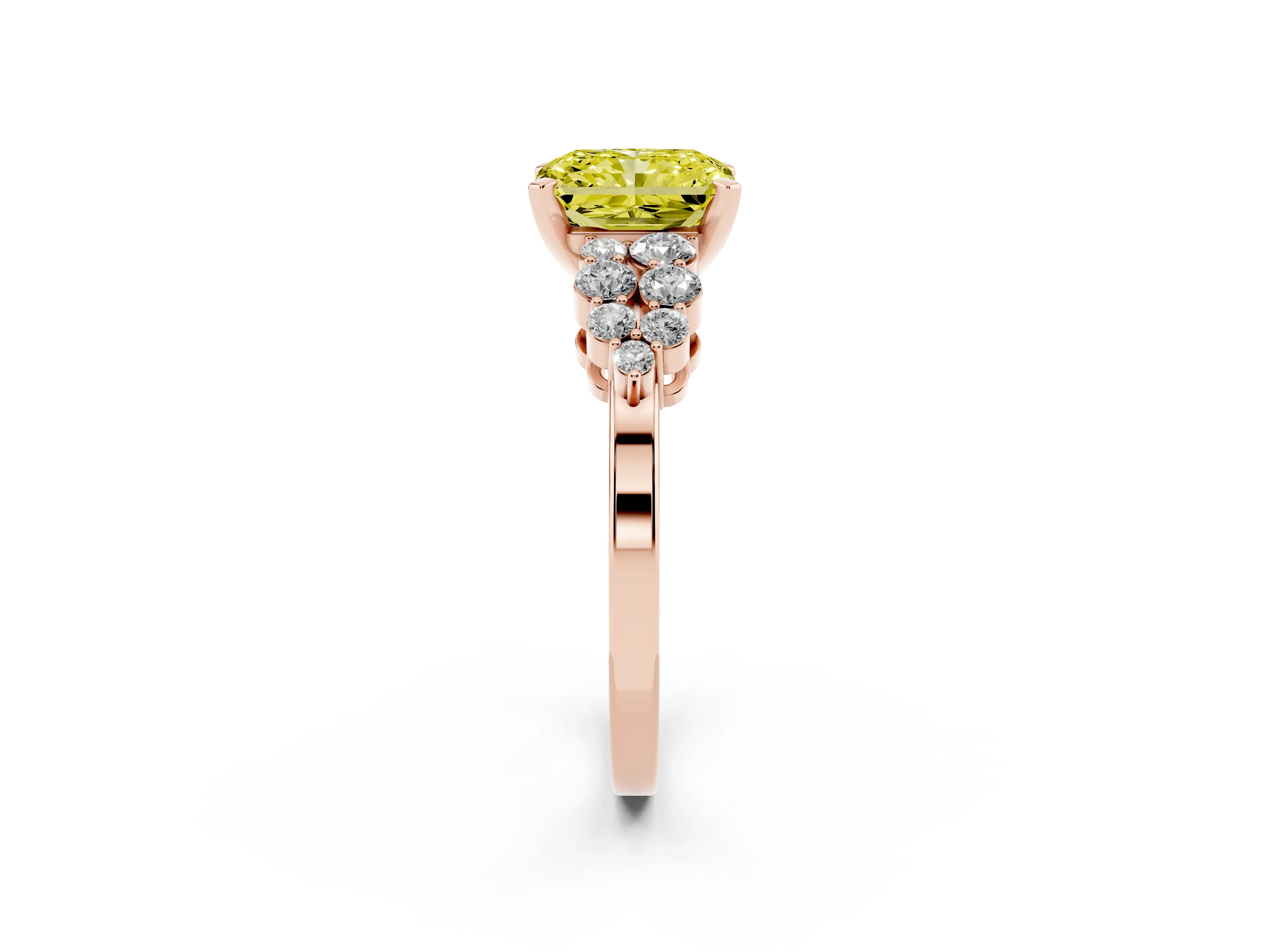 Fancy Yellow Radiant Cut Diamond Cluster Engagement Ring Set in Rose gold with Pavé Band and Prong Setting