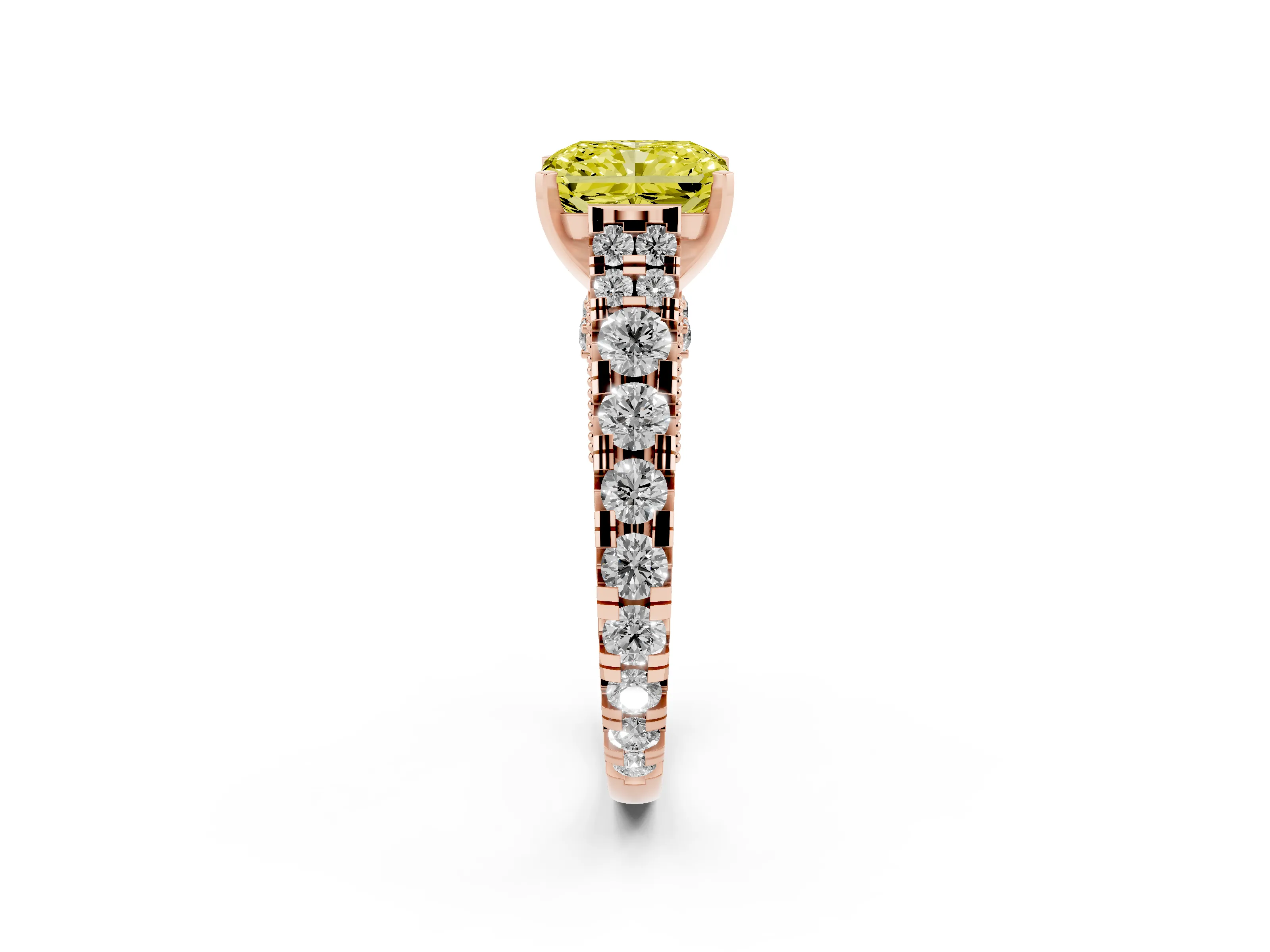 Fancy Yellow Radiant Cut Diamond Classic Solitaire Ring Set in Rose gold with Pavé Band and Prong Setting