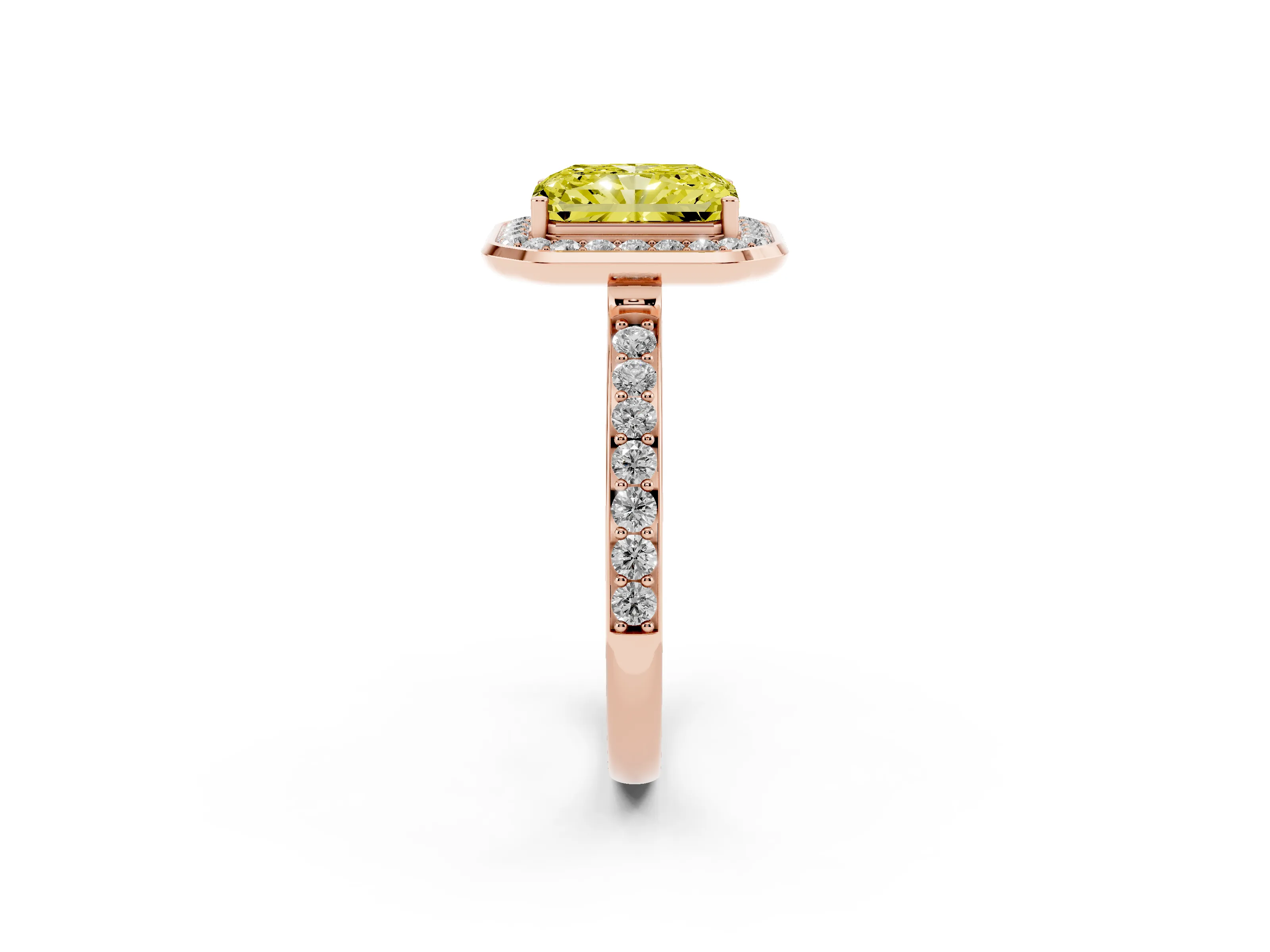 Fancy Yellow Radiant Cut Diamond Halo Ring Set in Rose gold with Bezel Frame and Pavé Band