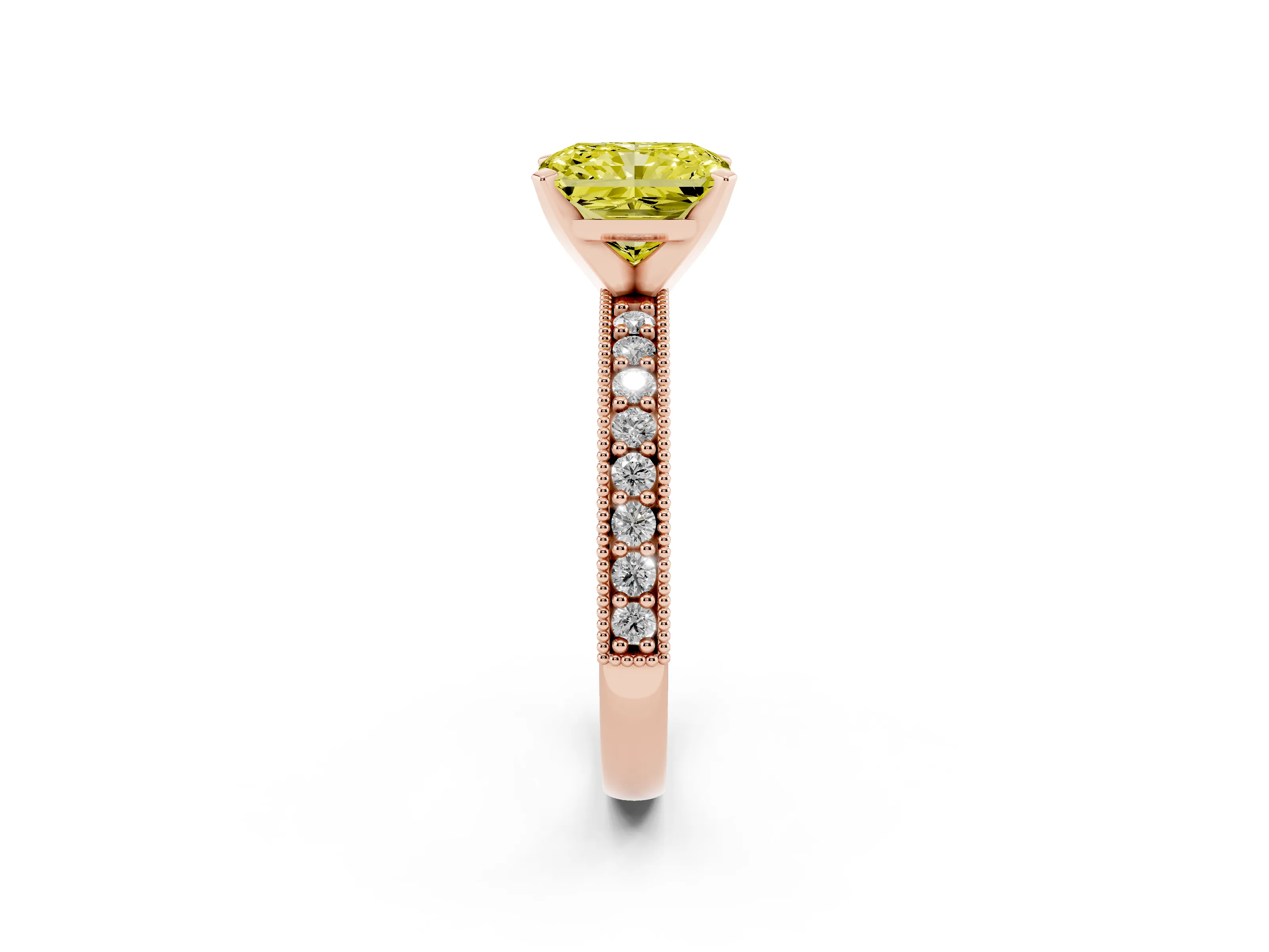 Fancy Yellow Radiant Cut Diamond Milgrain Pavé Engagement Ring Set in Rose gold with Prong Setting