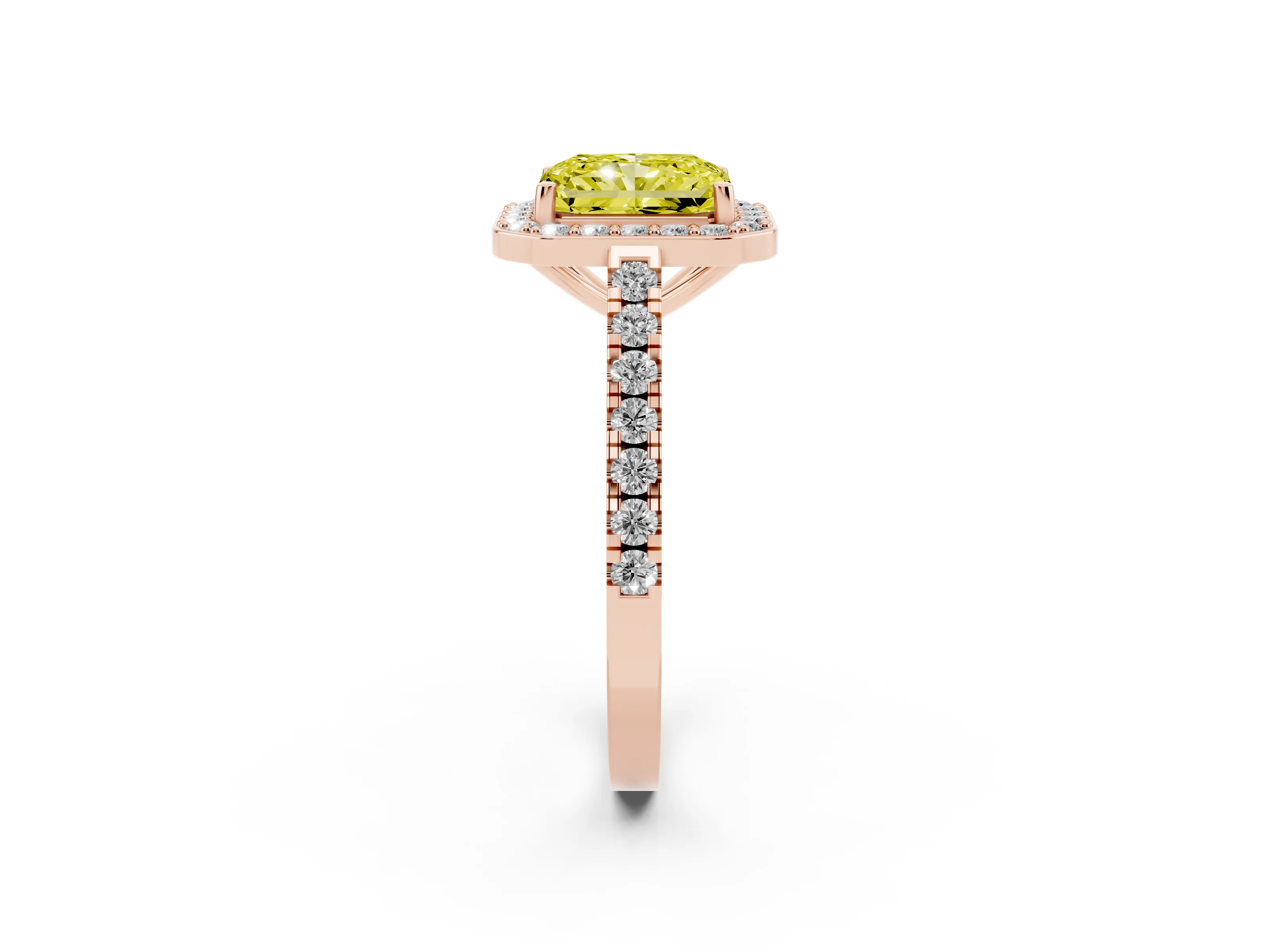 Fancy Yellow Radiant Cut Diamond Halo Ring Set in Rose gold with Round Pavé Split Shank and Prong Setting
