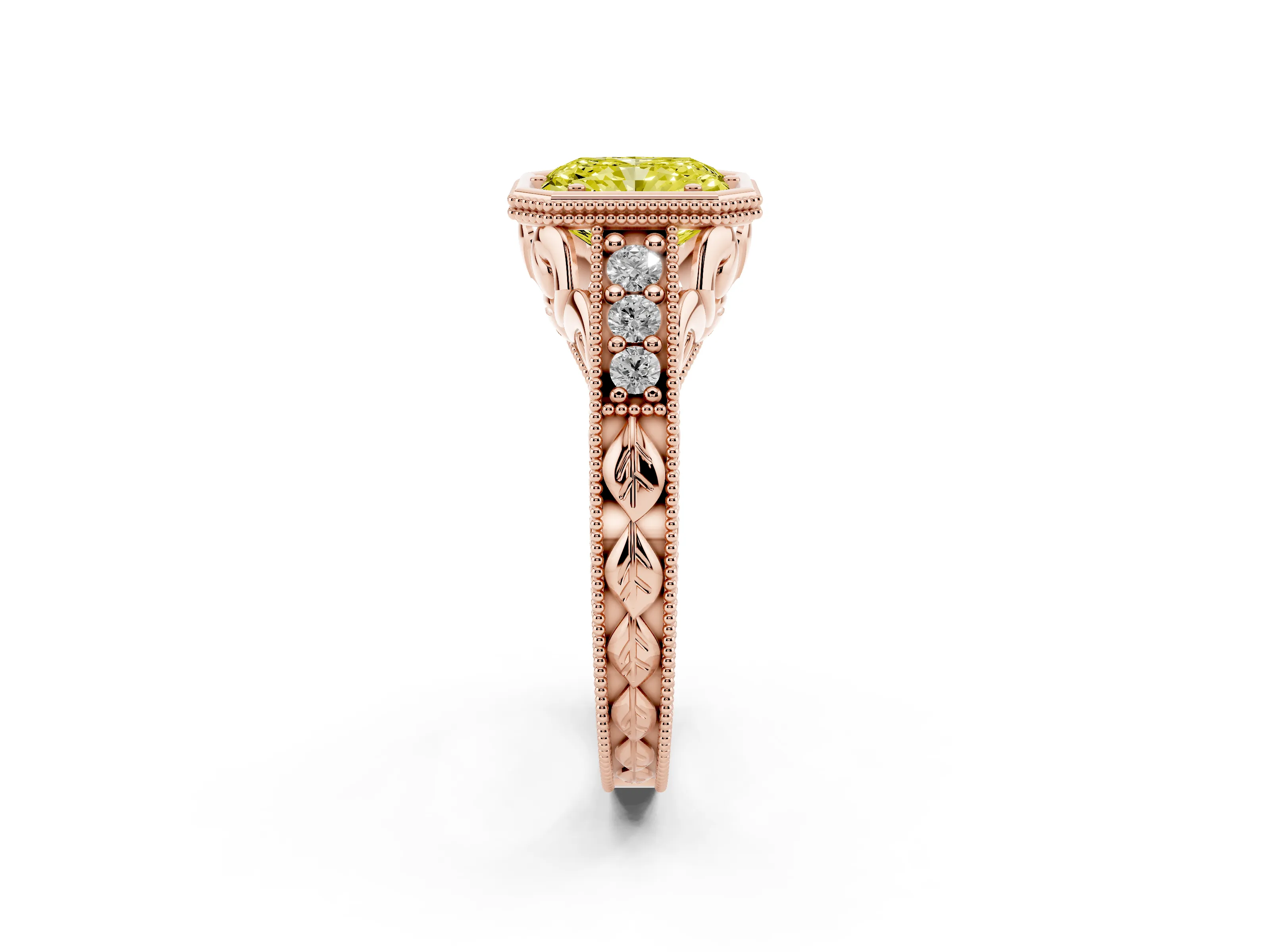 Fancy Yellow Bezel Set Radiant Cut Diamond Milgrain Pavé Engagement Ring Set in Rose gold