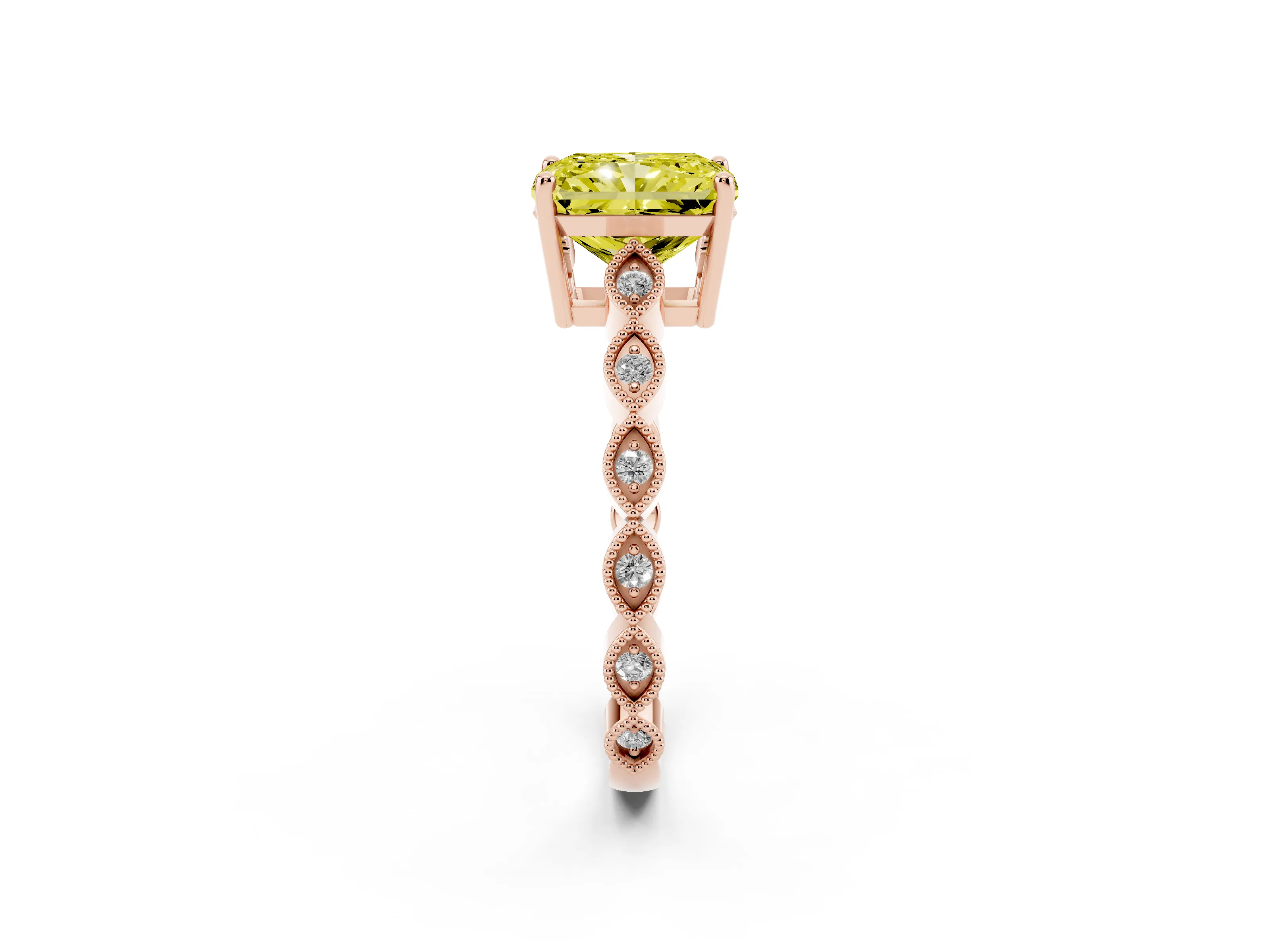 Fancy Yellow Radiant Cut Diamond Solitaire Ring Set in Rose gold with Infinity Twist Pavé Band