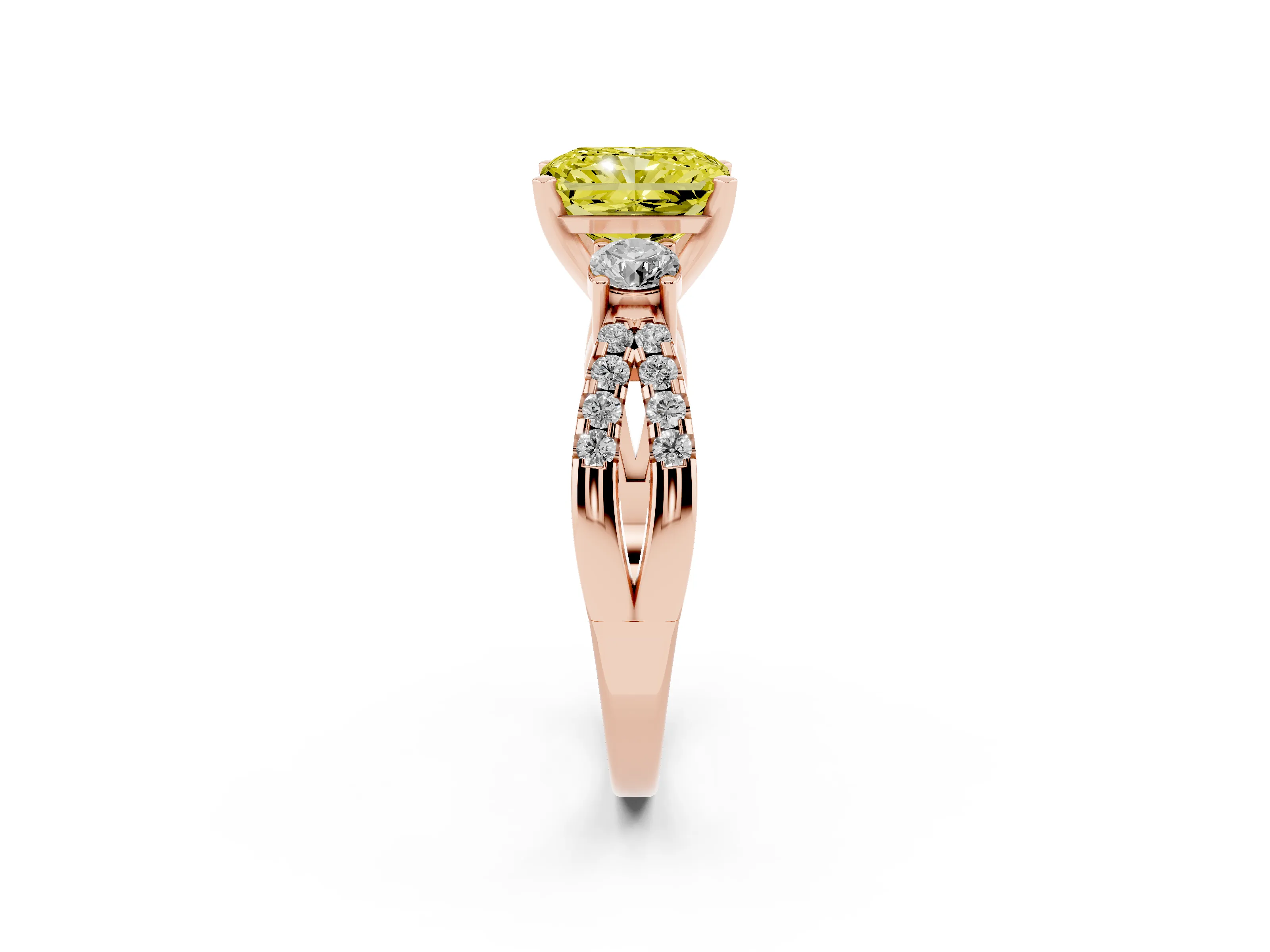 Fancy Yellow Radiant Cut Diamond Three-Stone Ring Set in Rose gold with Pavé Split Shank and Prong Setting
