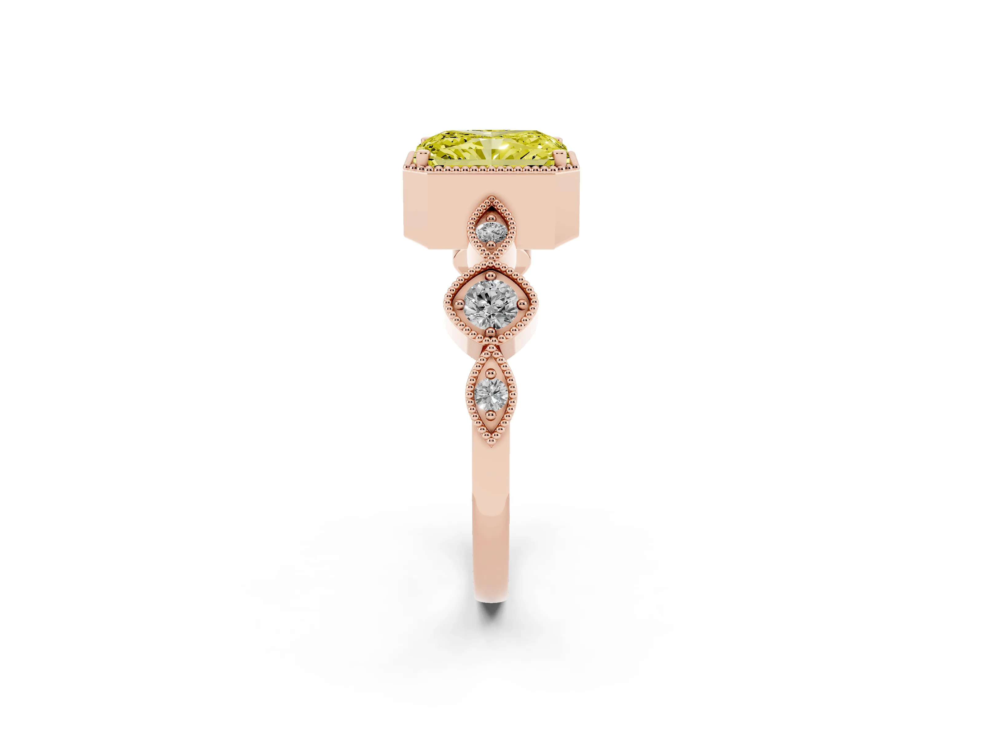 Fancy Yellow Radiant Cut Diamond Vintage-Inspired Milgrain Ring Set in Rose gold with Marquise Stations of Round Accents