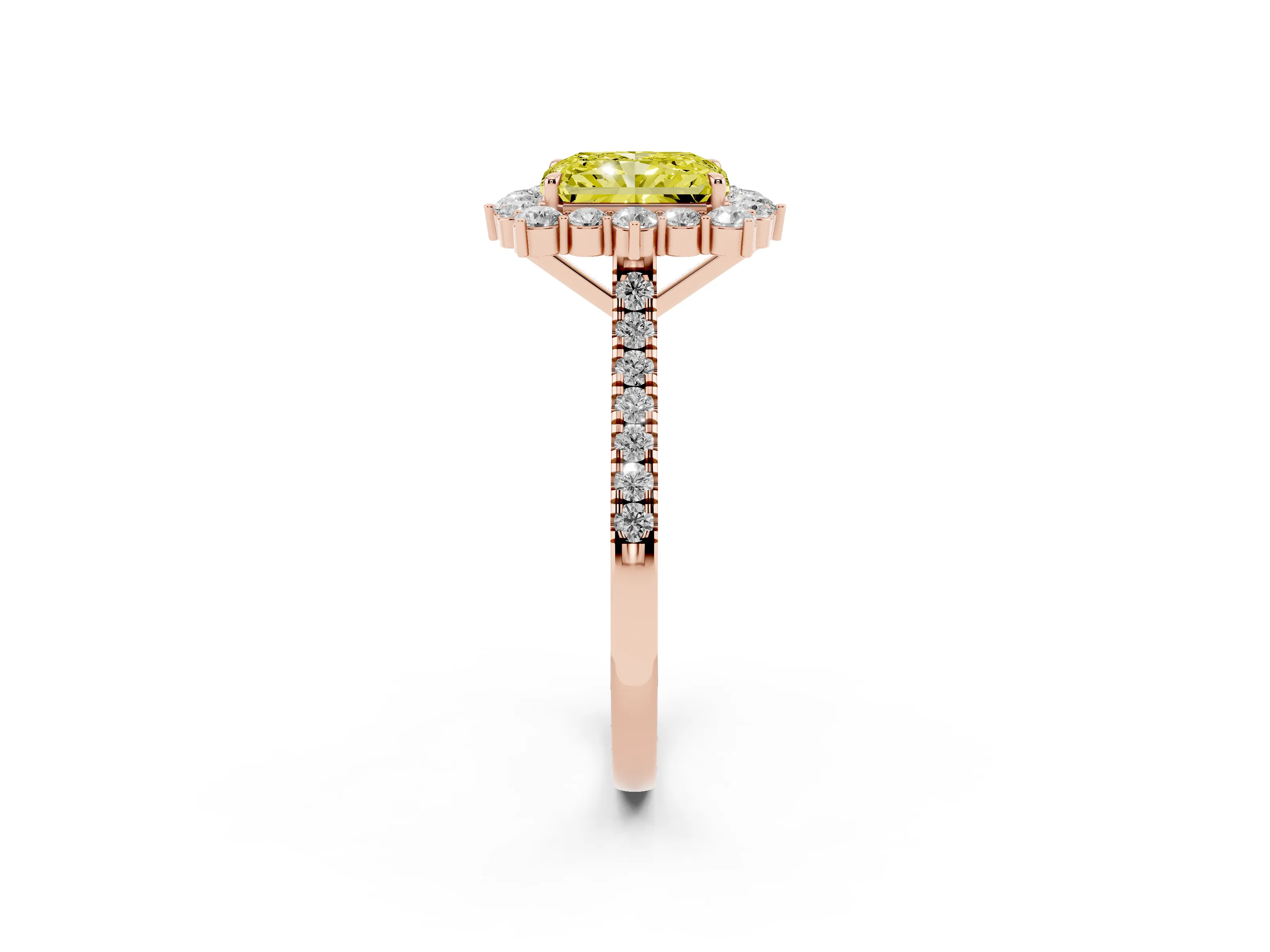 Fancy Yellow Radiant Cut Diamond Halo Ring Set in Rose gold with Pavé Band and Prong Setting