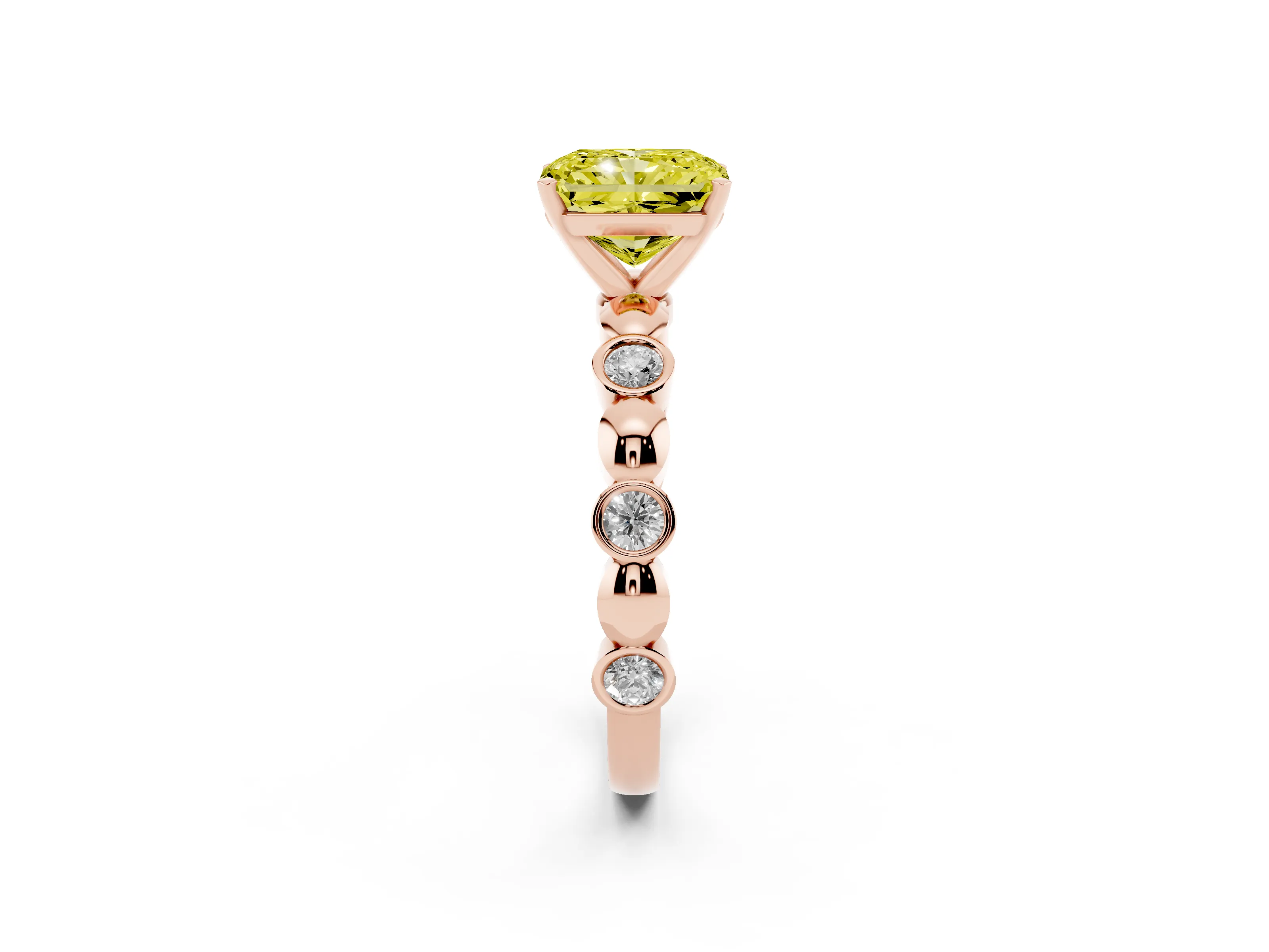 Fancy Yellow Radiant Cut Diamond Solitaire Ring Set in Rose gold with Bezel-Set Accents on Beaded Band and Prong Setting