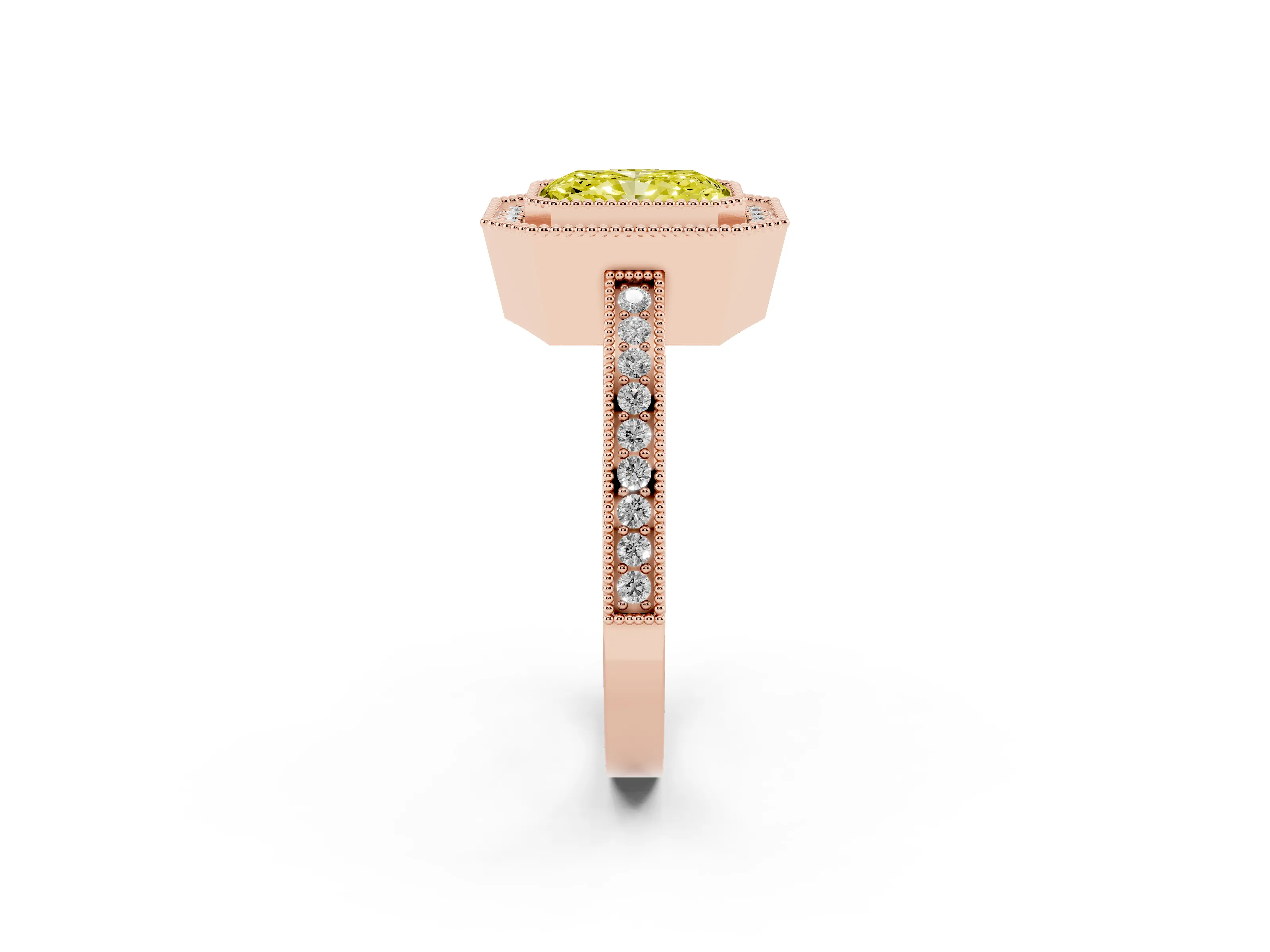 Fancy Yellow Radiant Cut Diamond Halo Ring Set in Rose gold with Pavé Band and Milgrain-Edged Prongs