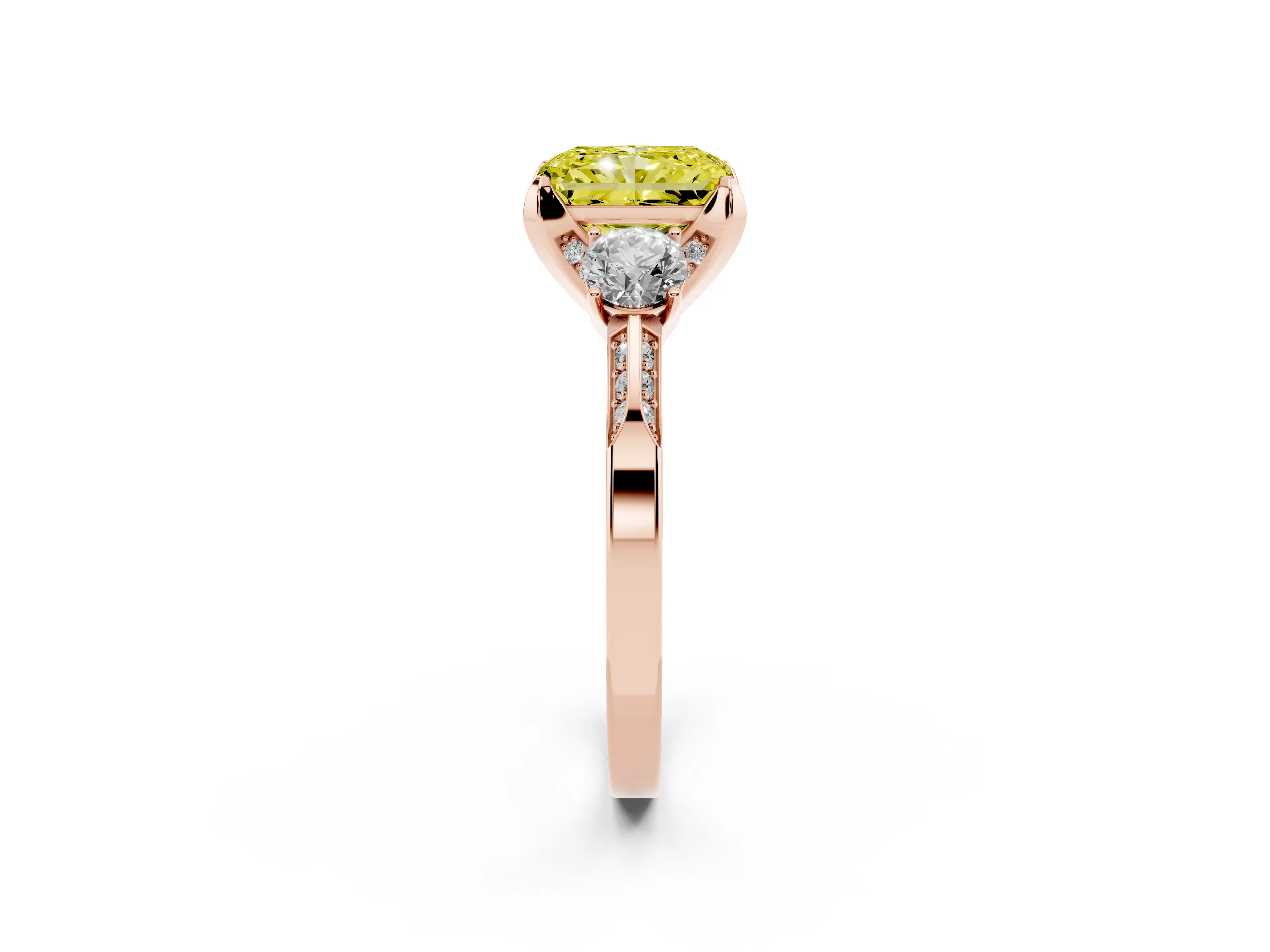 Fancy Yellow Radiant Cut Diamond Three-Stone Ring Set in Rose gold with Pavé Band and Smaller Side Stones