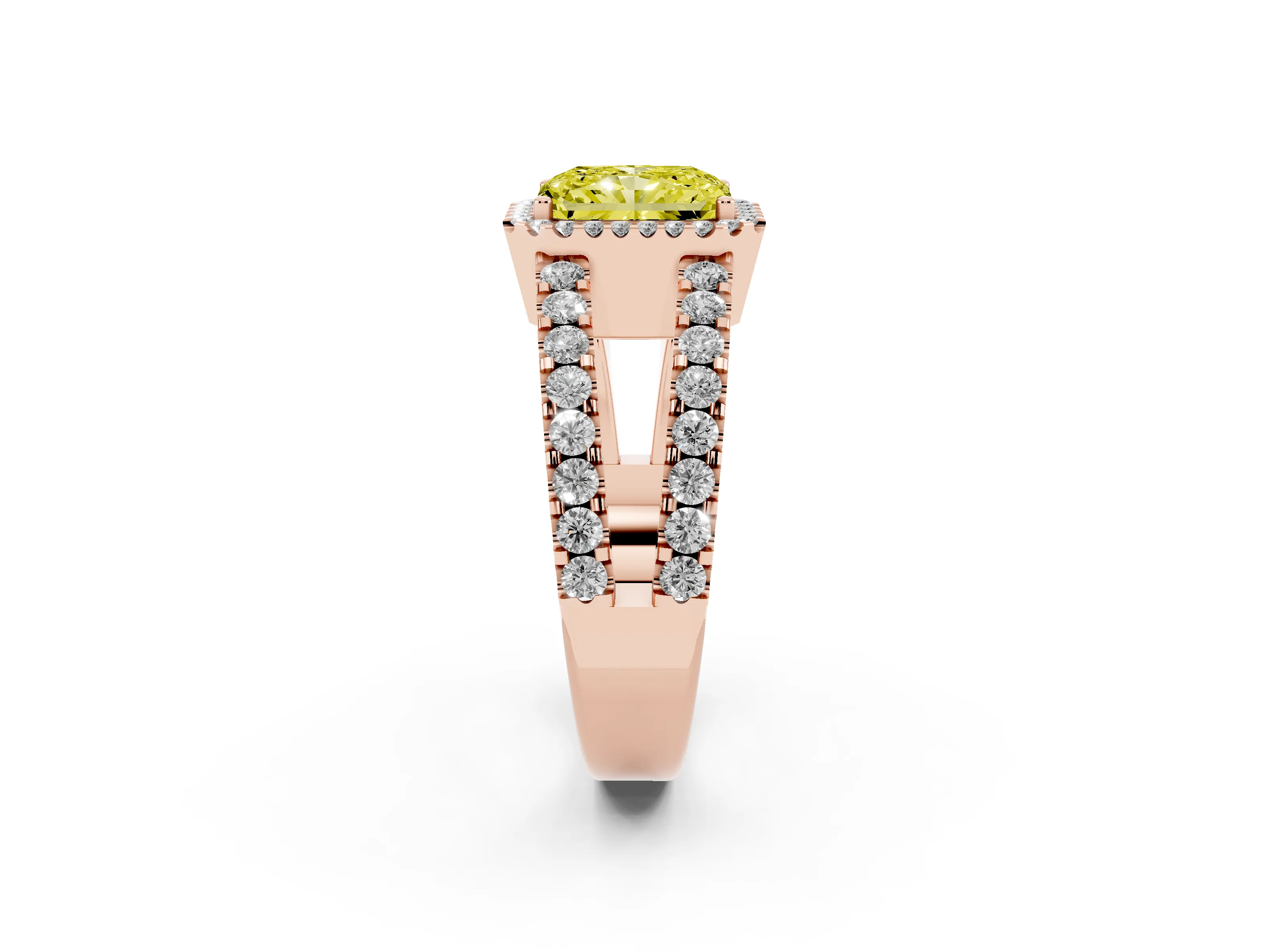 Fancy Yellow Radiant Cut Diamond Halo Ring Set in Rose gold with Pavé Split Shank and Prong Setting