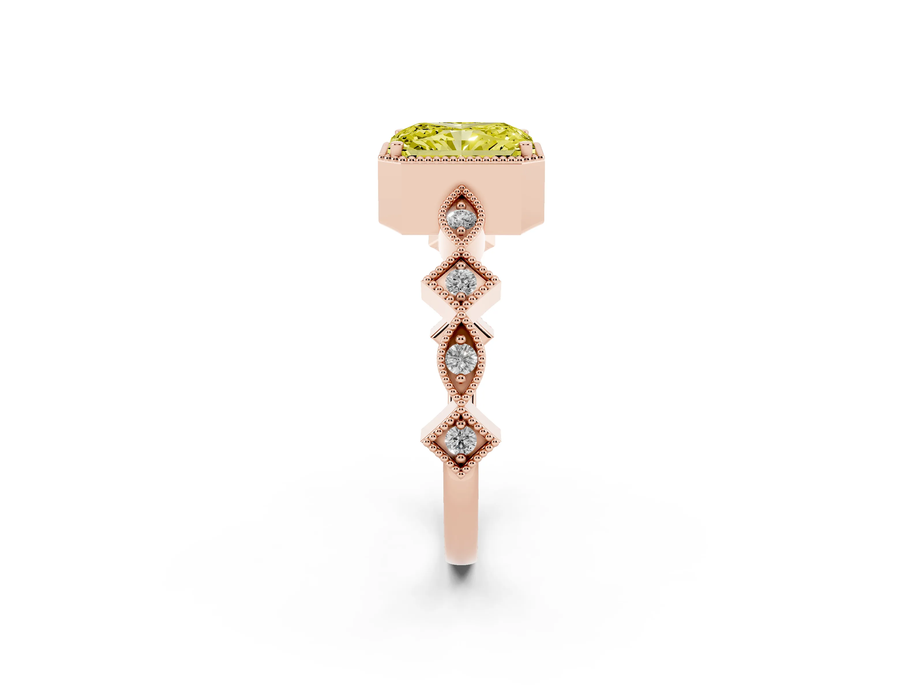 Fancy Yellow Radiant Cut Diamond Milgrain Marquise Twist Band Ring Set in Rose gold with Prong Setting