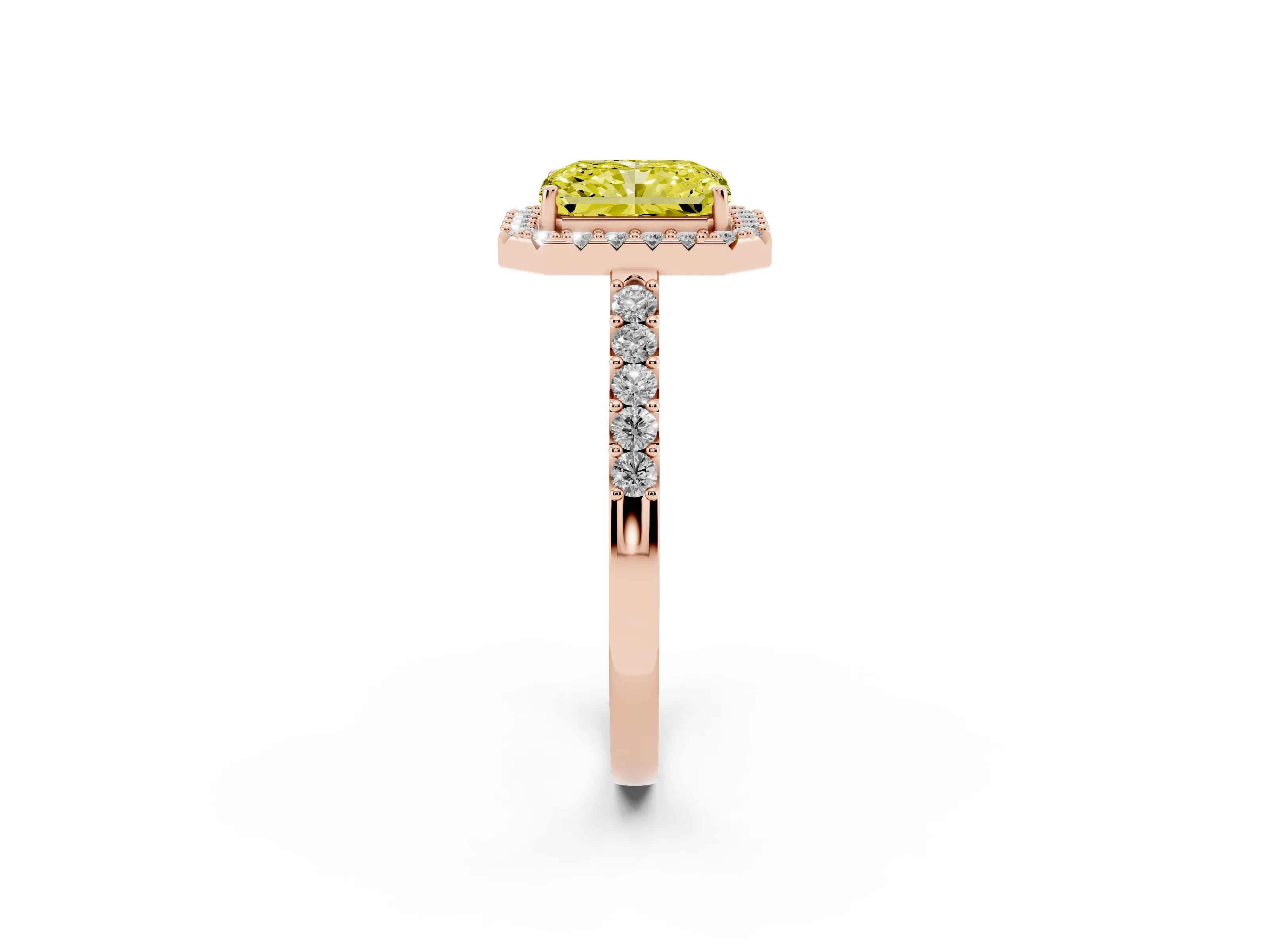 Fancy Yellow Radiant Cut Diamond Halo Pavé Solitaire Ring Set in Rose gold with Prong-Set Center Stone