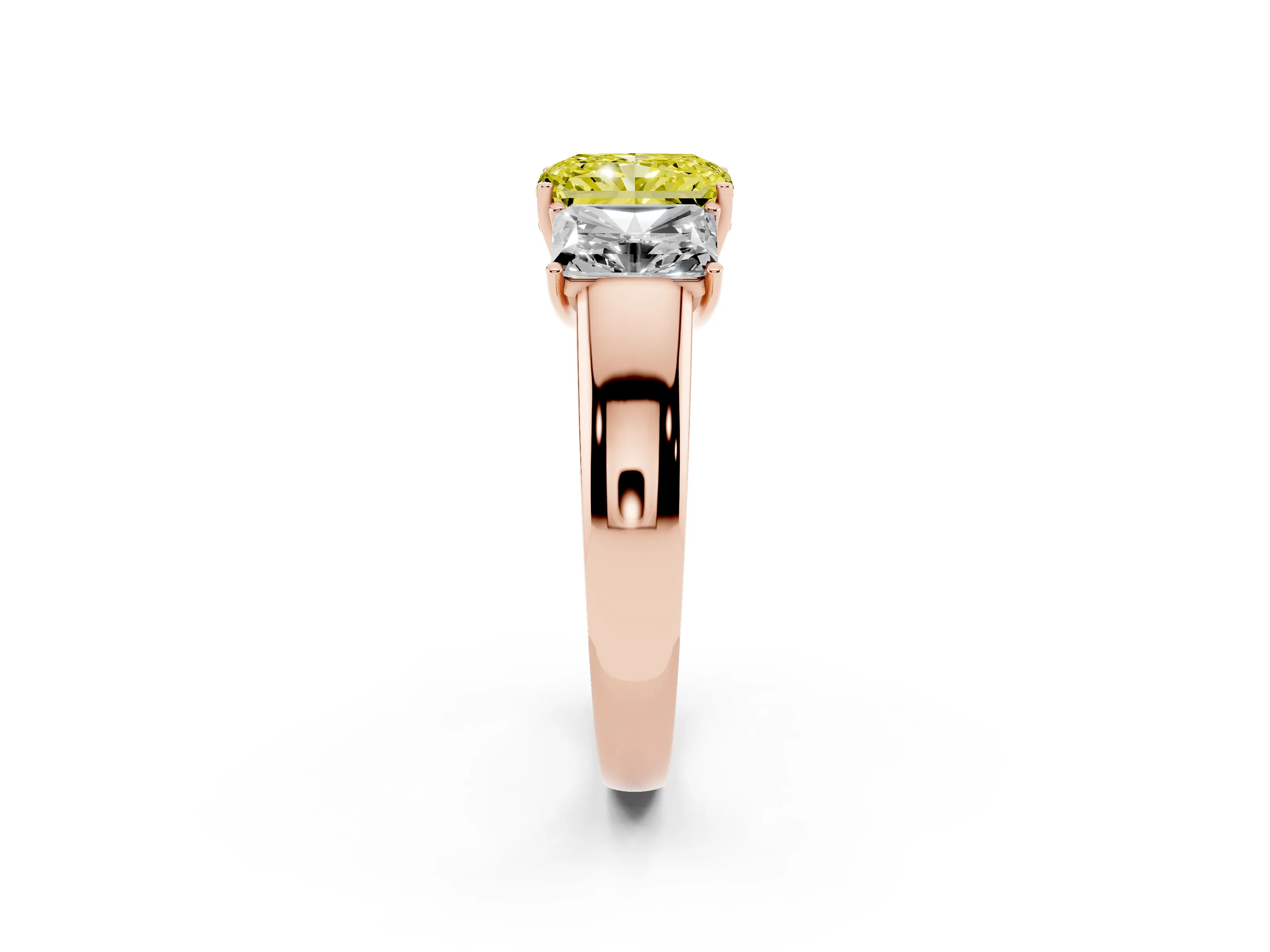 Fancy Yellow Three-Stone Radiant Cut Diamond Ring Set in Rose gold with Matching Prong Settings and Plain Band