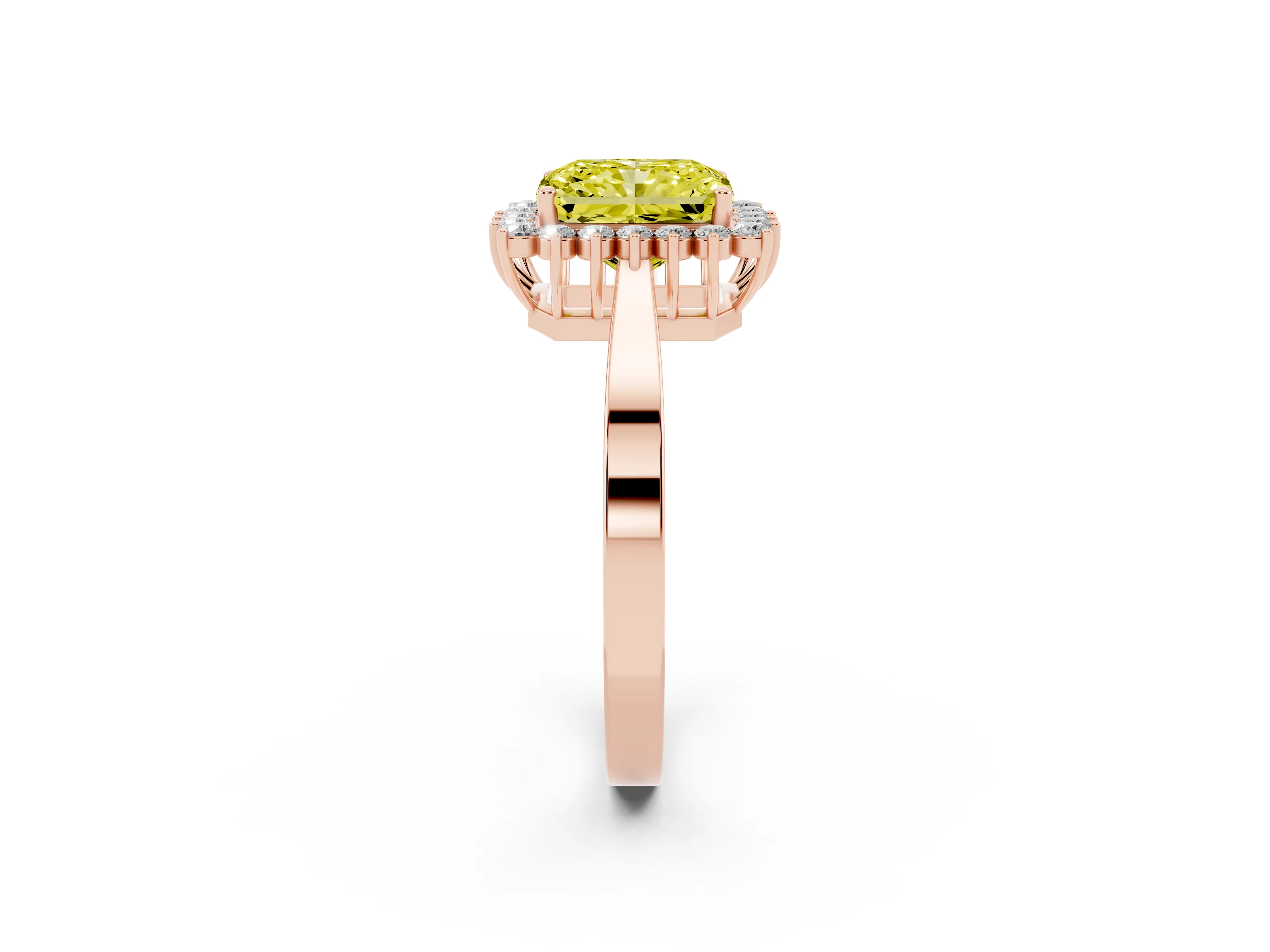 Fancy Yellow Radiant Cut Diamond Halo Ring Set in Rose gold with Round Halo and Smooth Solitaire Band