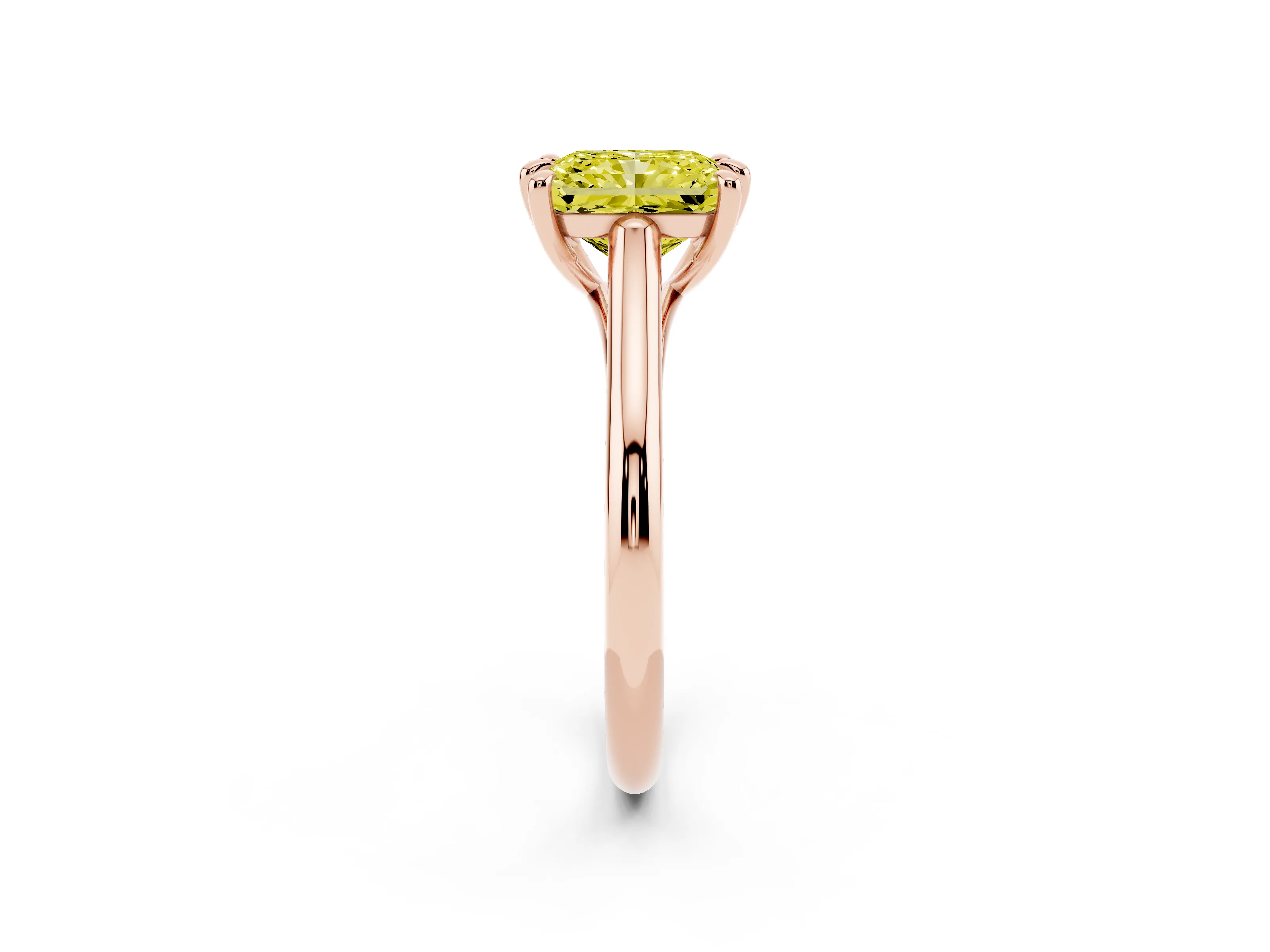 Fancy Yellow Radiant Cut Diamond Solitaire Engagement Ring Set in Rose gold with Prong Setting and Plain Classic Band