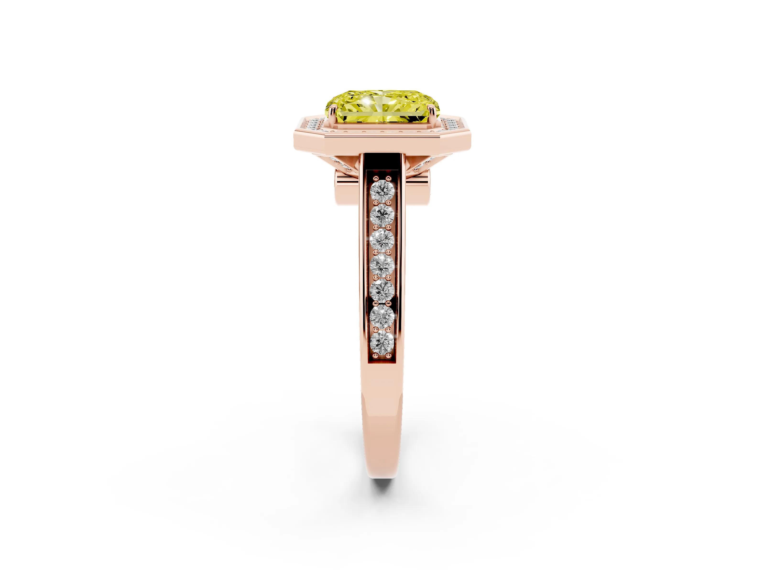 Fancy Yellow Radiant Cut Diamond Halo Solitaire Ring Set in Rose gold with Pavé Band and Bezel Setting