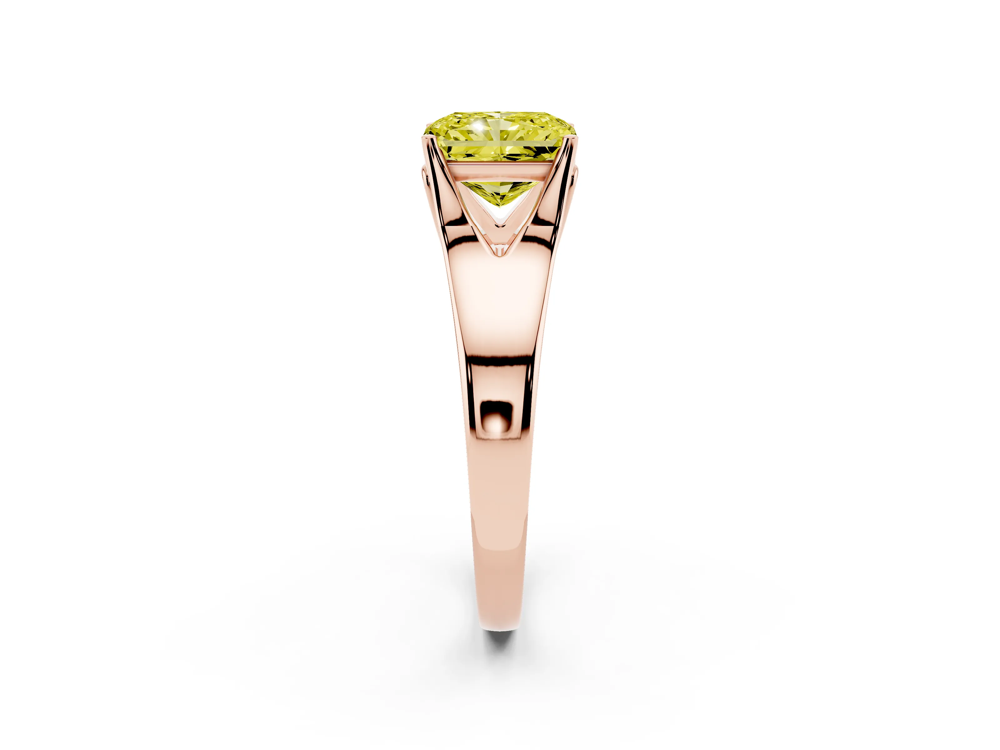 Fancy Yellow Radiant Cut Diamond Solitaire Ring Set in Rose gold with Arched Cathedral Band and Prong Setting