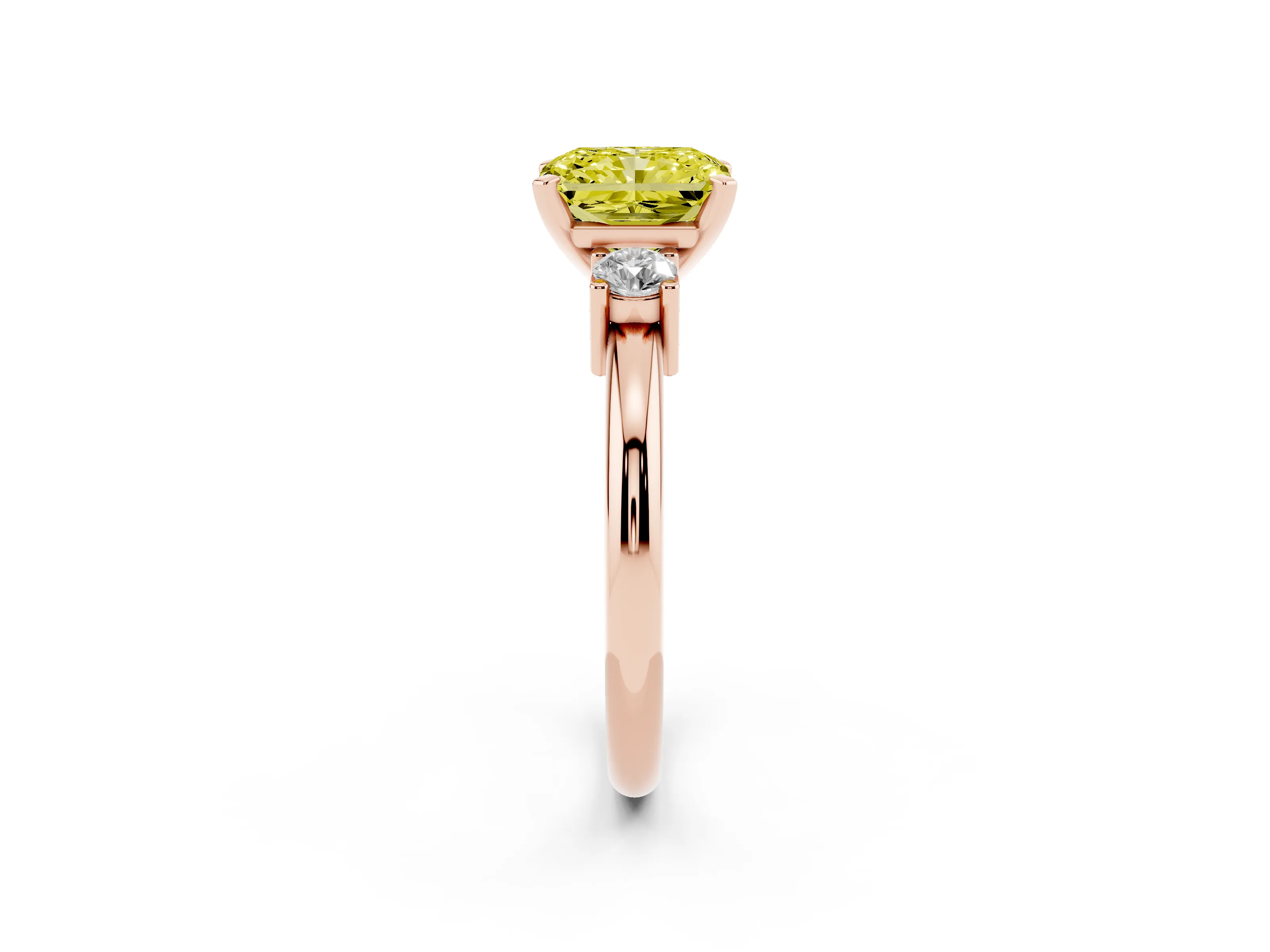 Fancy Yellow Three-Stone Radiant Cut Diamond Ring Set in Rose gold with Prong Setting and Plain Band