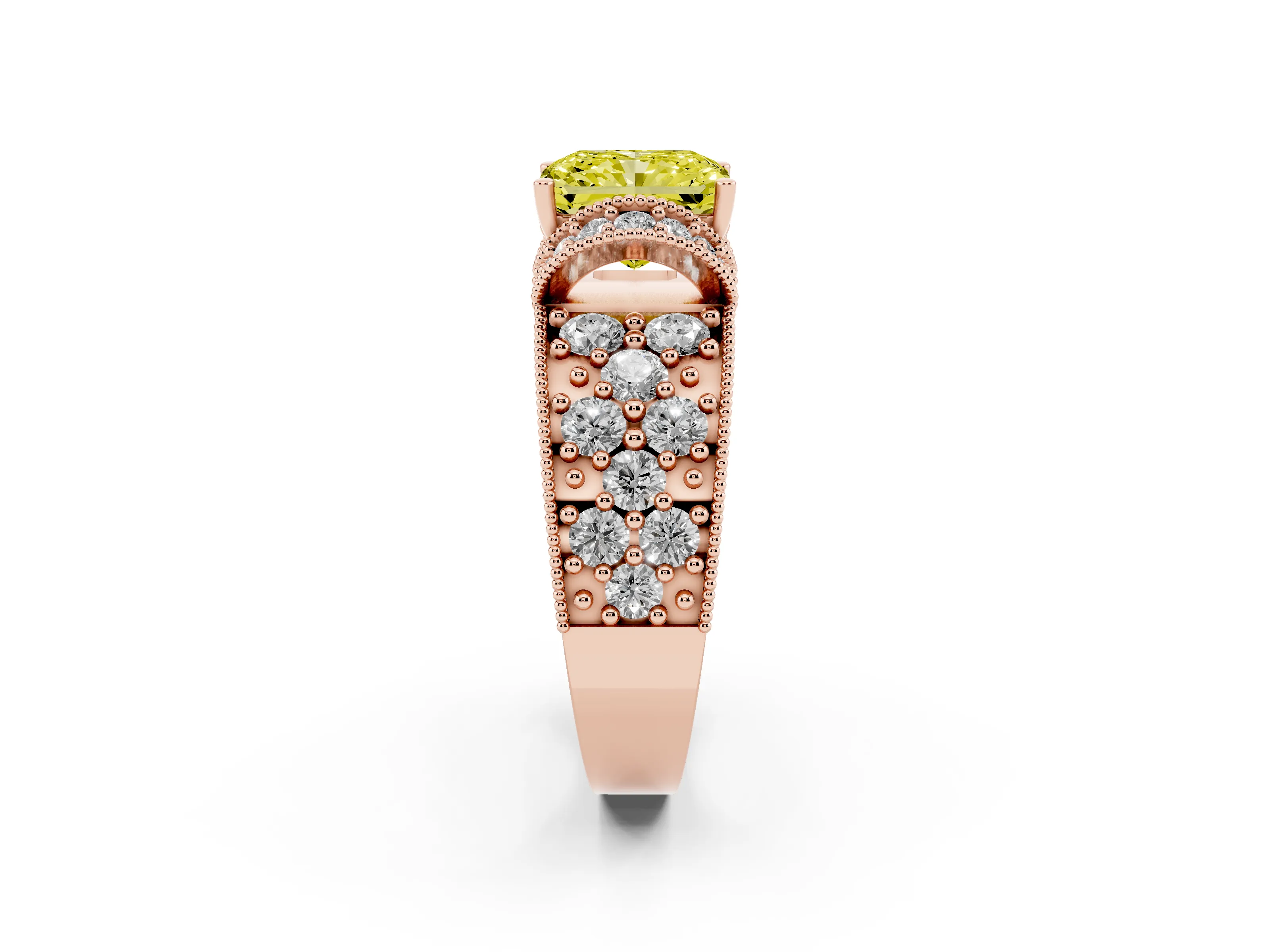 Fancy Yellow Radiant Cut Diamond Milgrain Halo Pavé Engagement Ring Set in Rose gold with Prong Setting