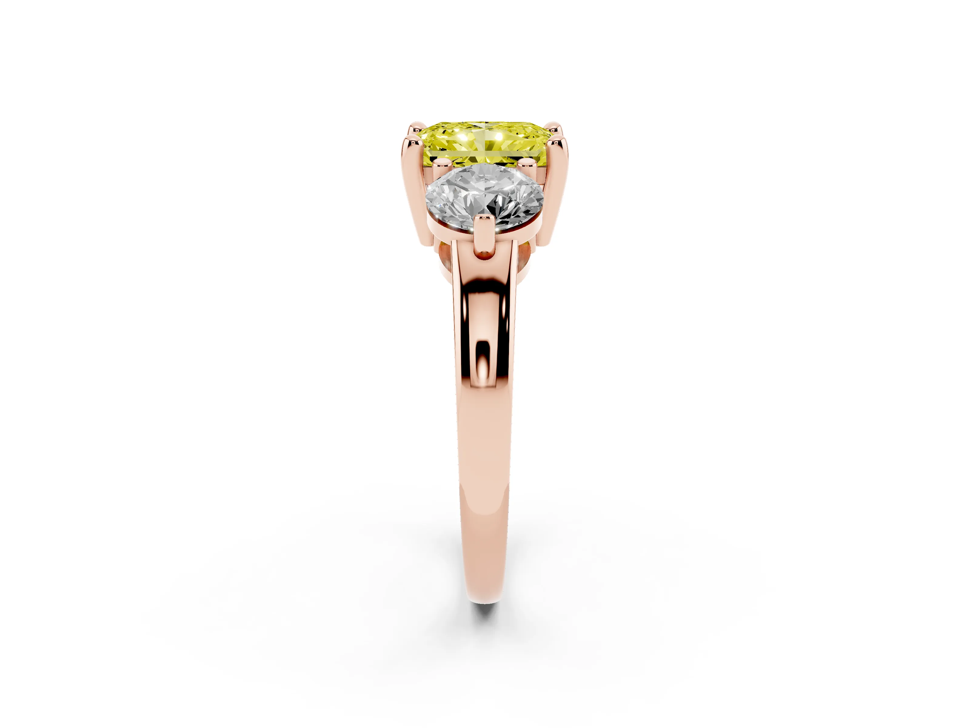 Fancy Yellow Radiant Cut Diamond Three-Stone Ring Set in Rose gold with Prong Setting and Classic Band