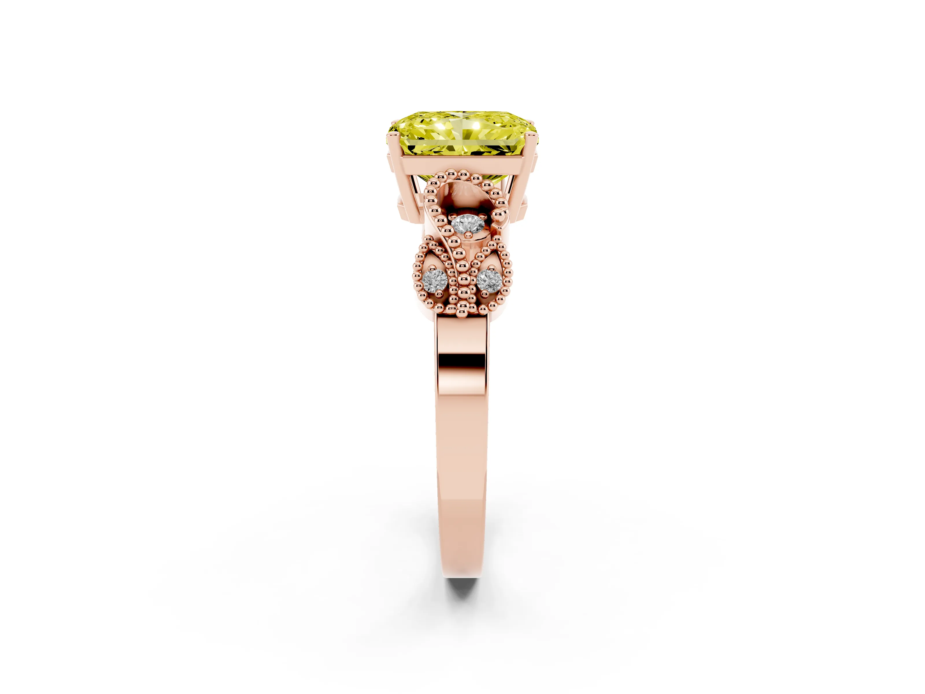 Fancy Yellow Radiant Cut Diamond Milgrain Leaf Band Solitaire Ring Set in Rose gold with Accent Stones and Prong Setting