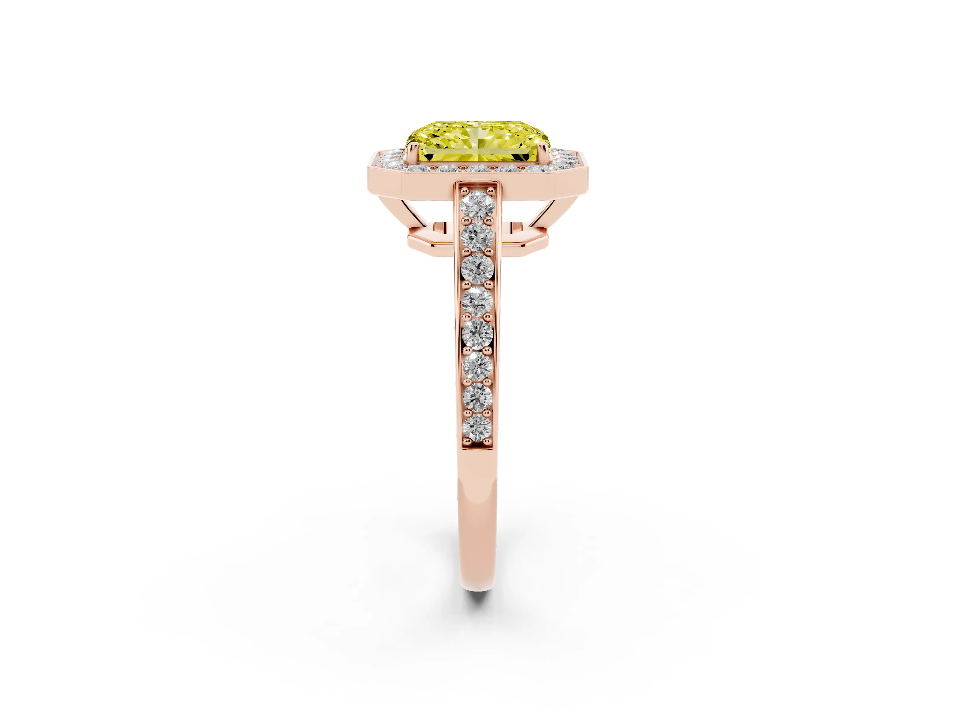 Fancy Yellow Radiant Cut Diamond Halo Pavé Engagement Ring Set in Rose gold with Bezel Setting
