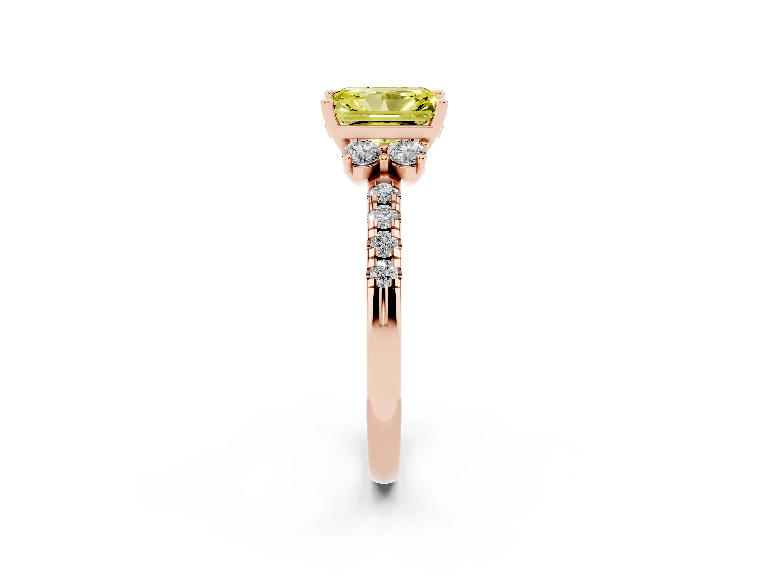 Fancy Yellow Radiant Cut Diamond Three-Stone Pavé Ring Set in Rose gold with Prong Setting