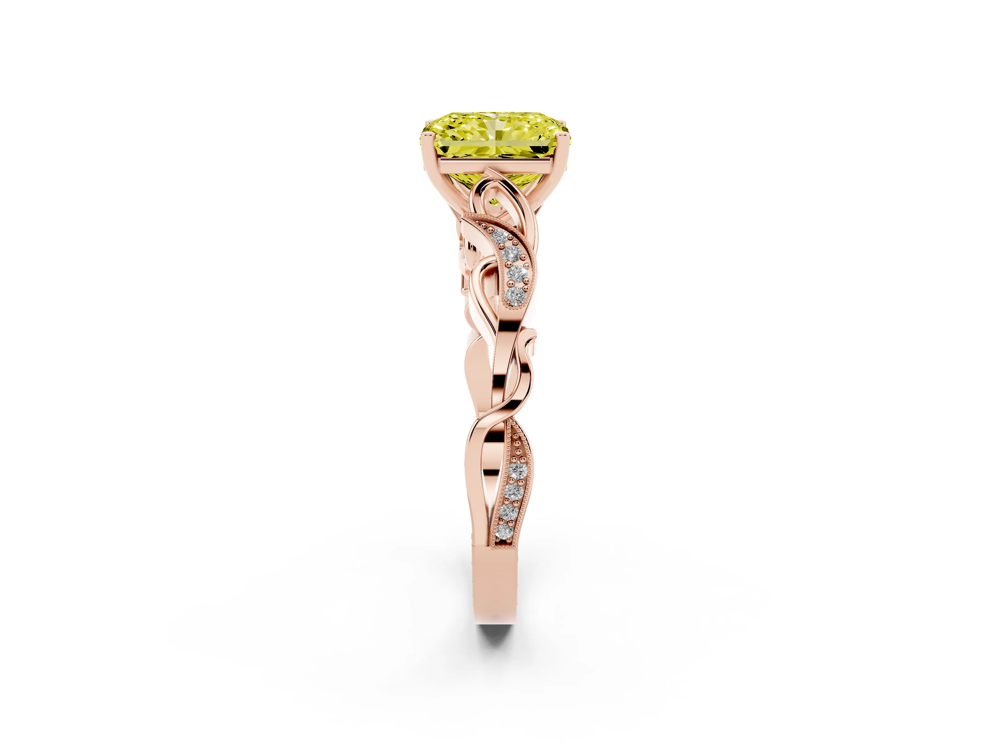Fancy Yellow Radiant Cut Diamond Vine Band Solitaire Ring Set in Rose gold with Milgrain Prong Setting