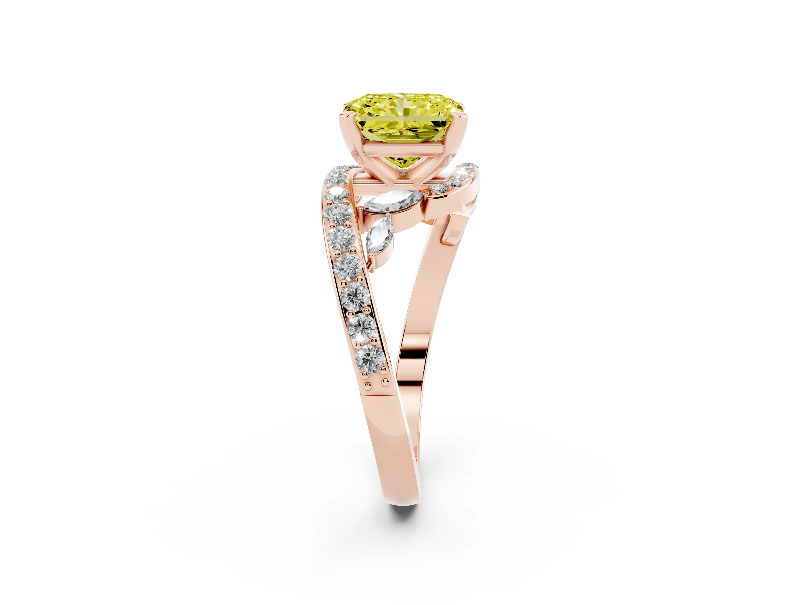 Fancy Yellow Radiant Cut Diamond Solitaire Ring Set in Rose gold with Pavé Twist Band and Secure Prong Setting