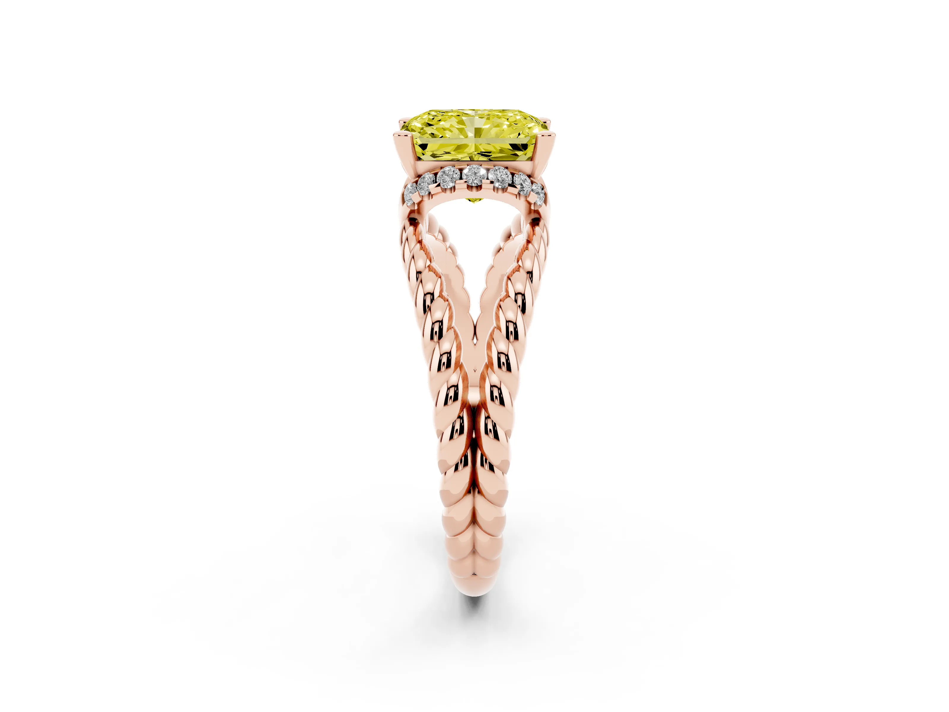 Fancy Yellow Radiant Cut Diamond Halo Ring Set in Rose gold with Twisted Band and Prong Setting