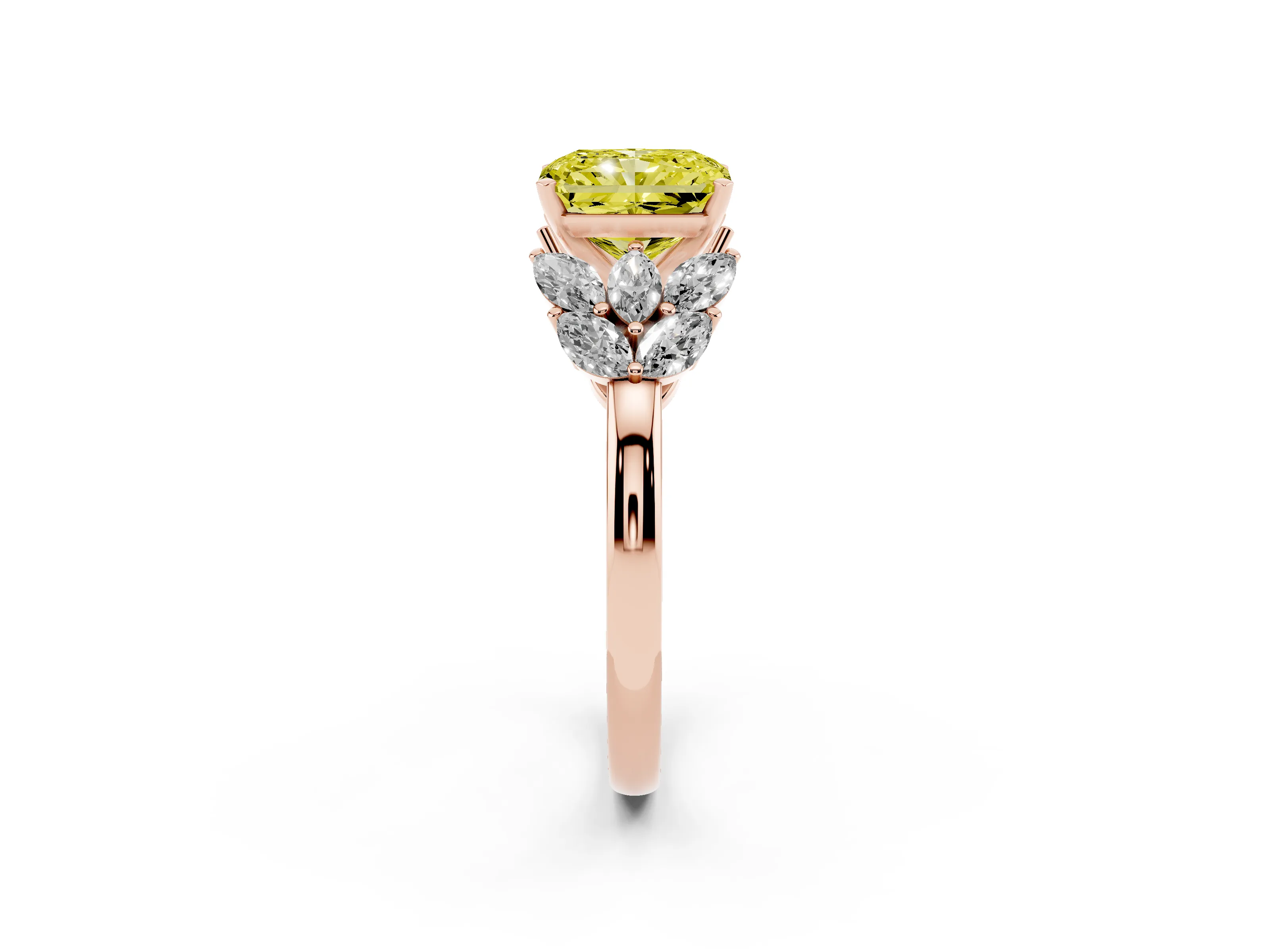 Fancy Yellow Radiant Cut Diamond Cluster Leaf Design Ring Set in Rose gold with Prong Setting
