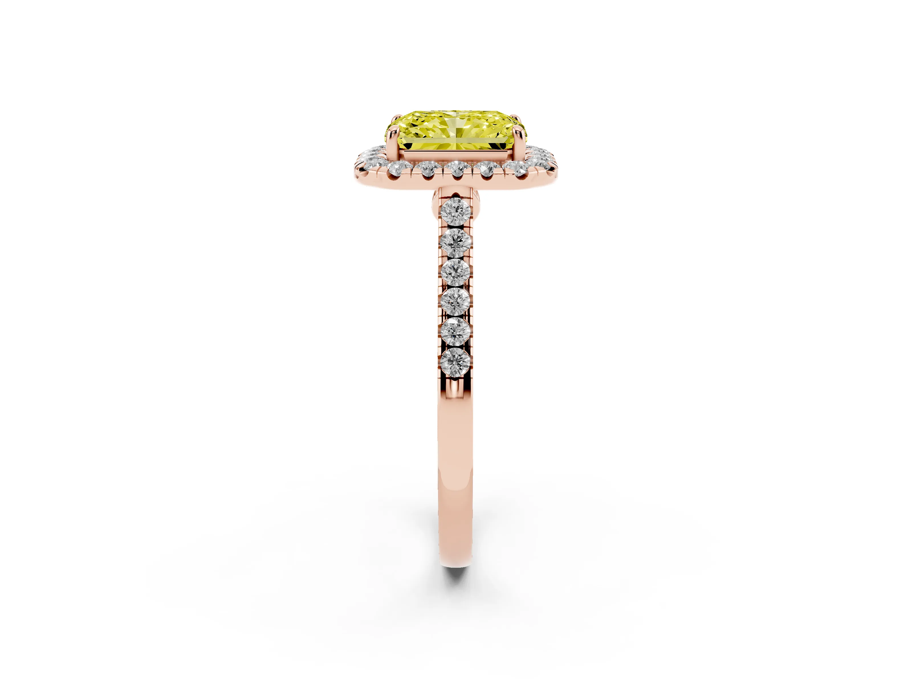 Fancy Yellow Radiant Cut Diamond Halo Pavé Engagement Ring Set in Rose gold with Prong Setting