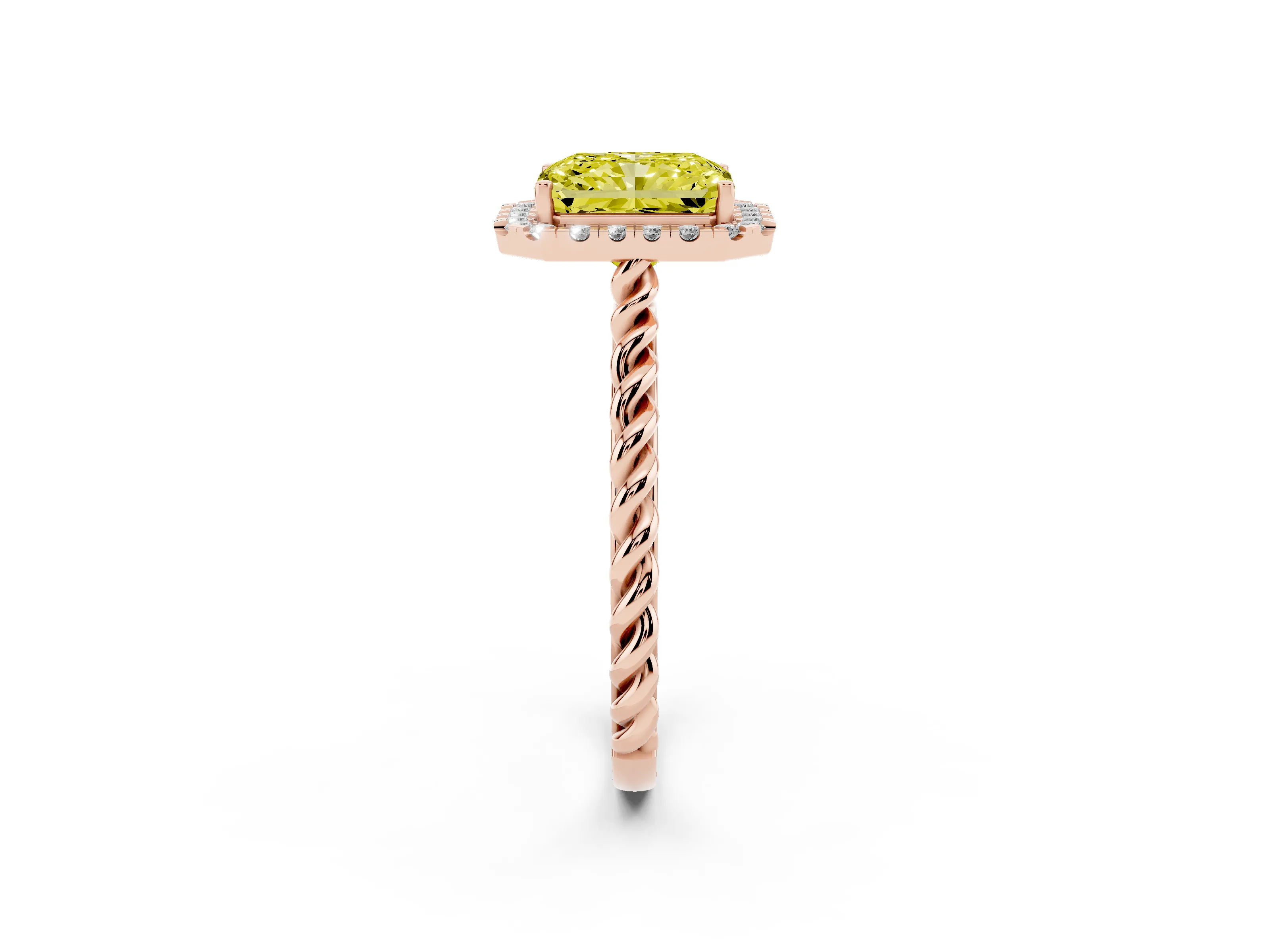 Fancy Yellow Radiant Cut Diamond Halo Ring Set in Rose gold with Plain Twisted Band