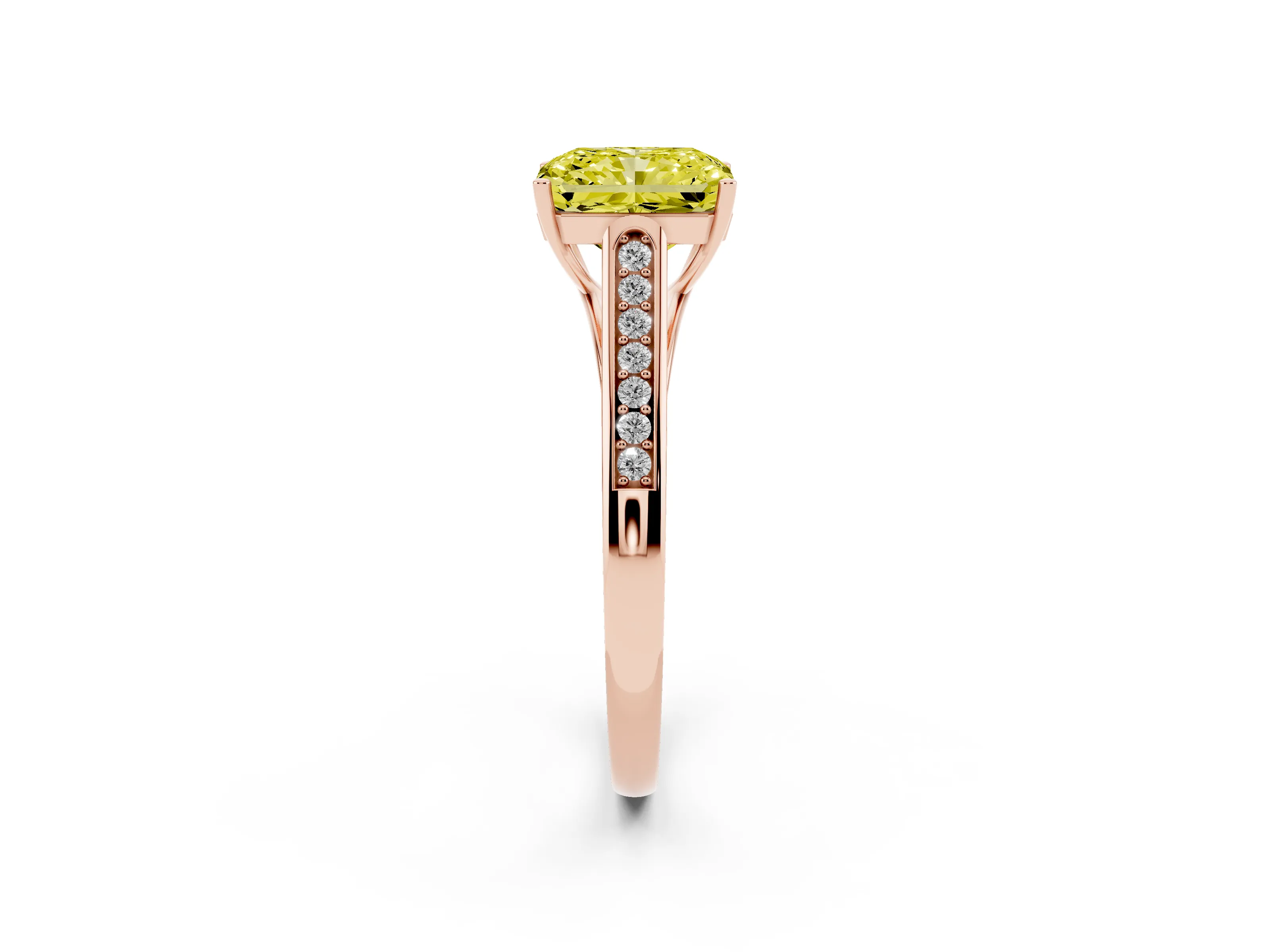 Fancy Yellow Radiant Cut Diamond Solitaire Cathedral Engagement Ring Set in Rose gold with Channel-Set Band and Prong Setting